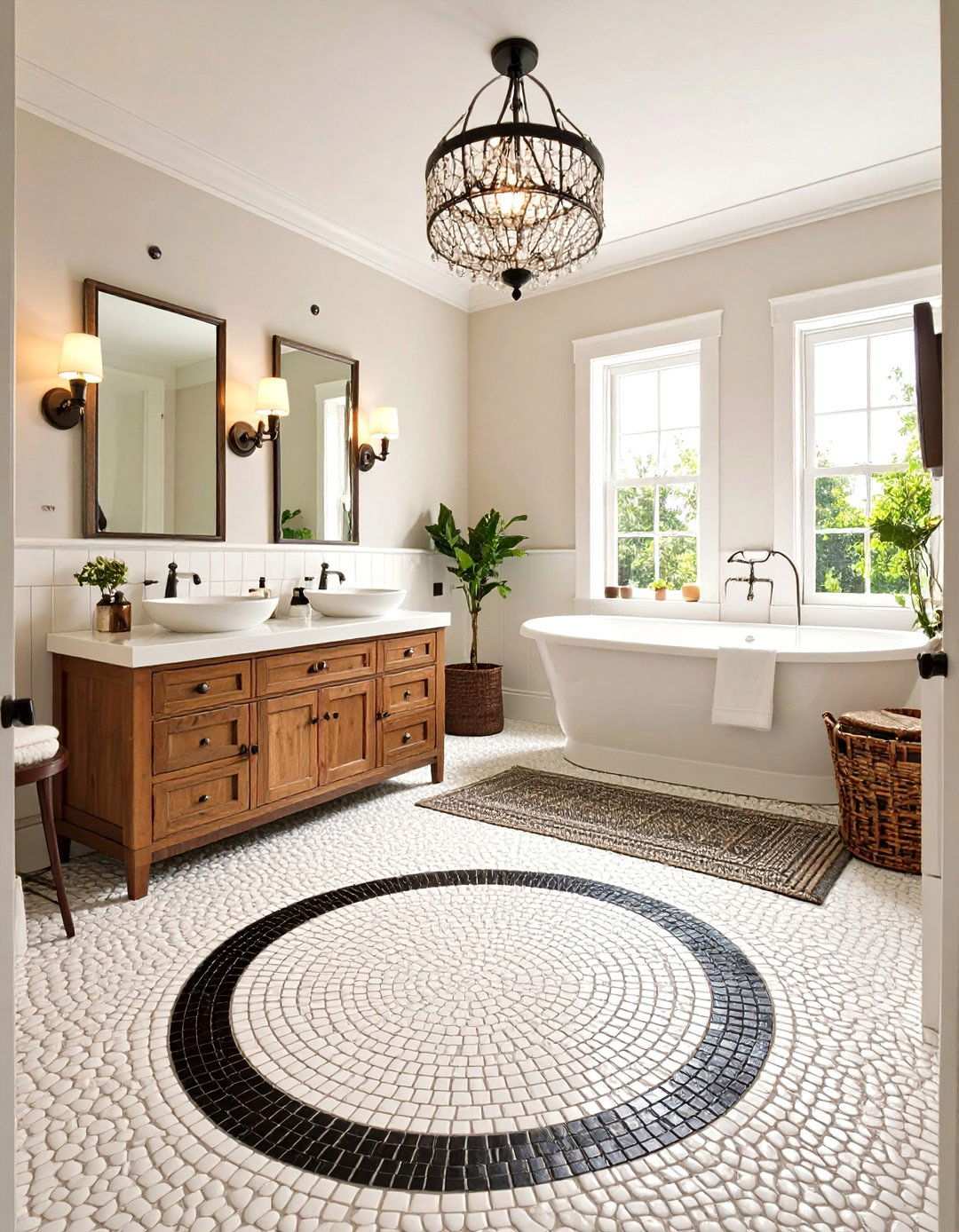 Penny Tile Carpet with Contrasting Border - 20 Black and White Bathroom Tile Ideas