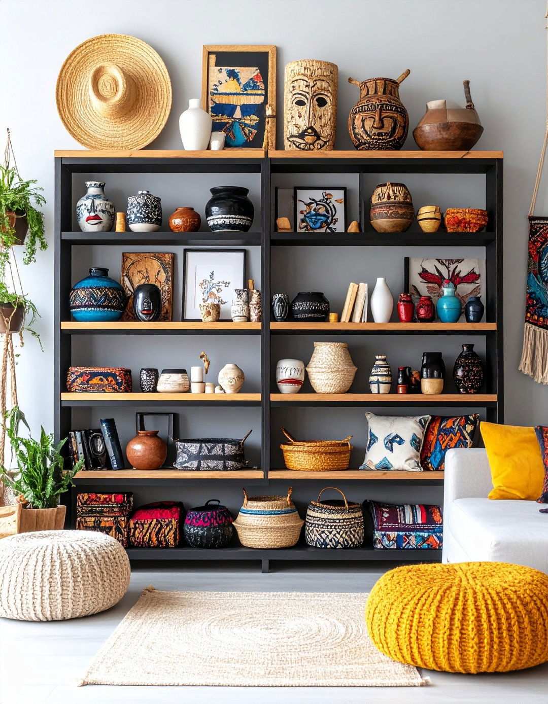 Personalize with Collected Travel Treasures in Your Black and White Boho Living Room - 20 Black and White Boho Living Room Ideas