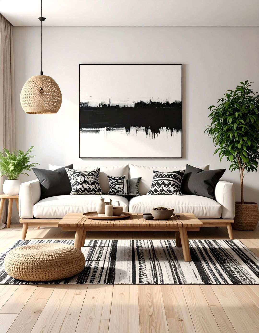 Play with Bold Oversized Art in a Black and White Boho Living Room - 20 Black and White Boho Living Room Ideas