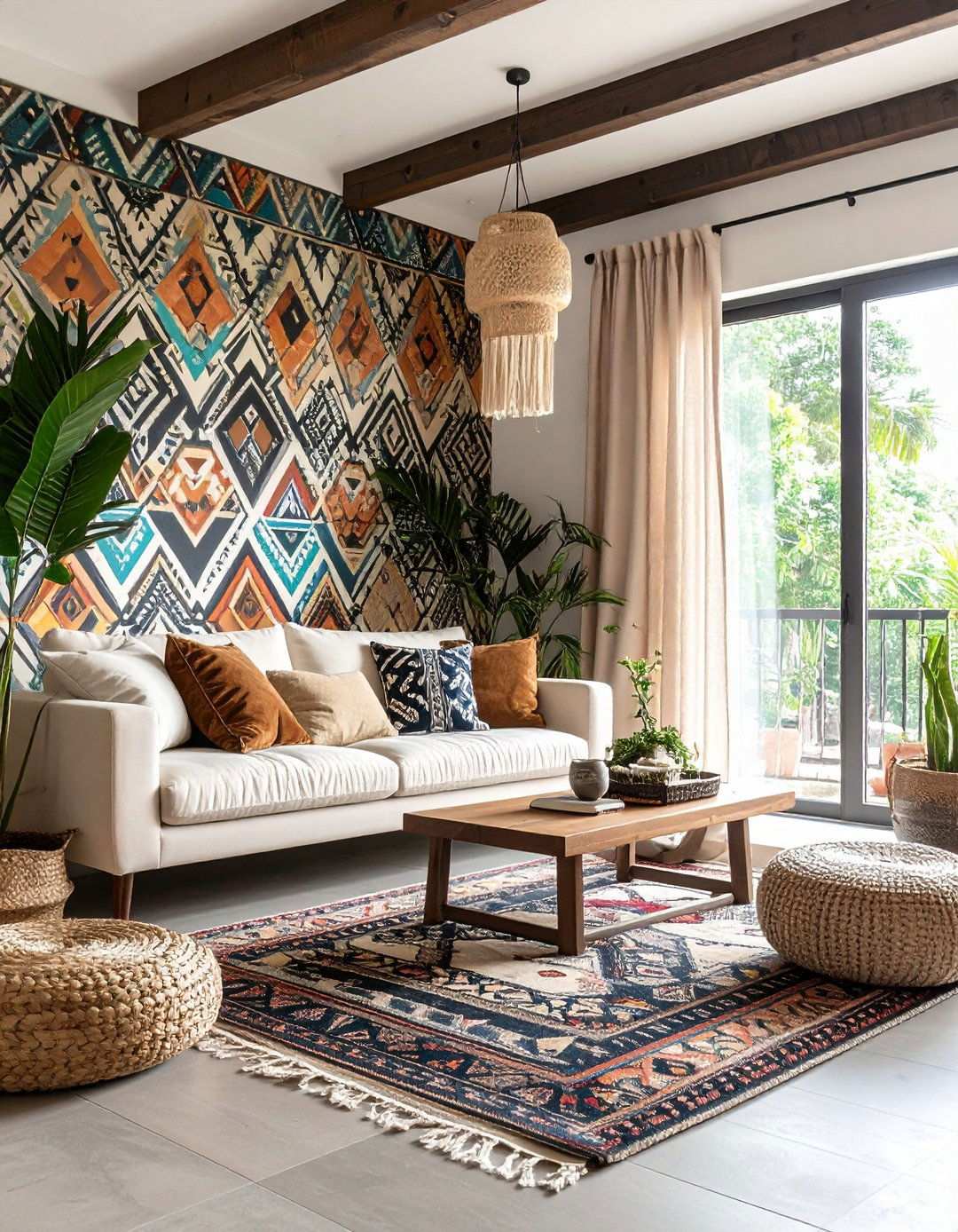 Play with Geometric Wallpaper for Graphic Black and White Boho Impact - 20 Black and White Boho Living Room Ideas