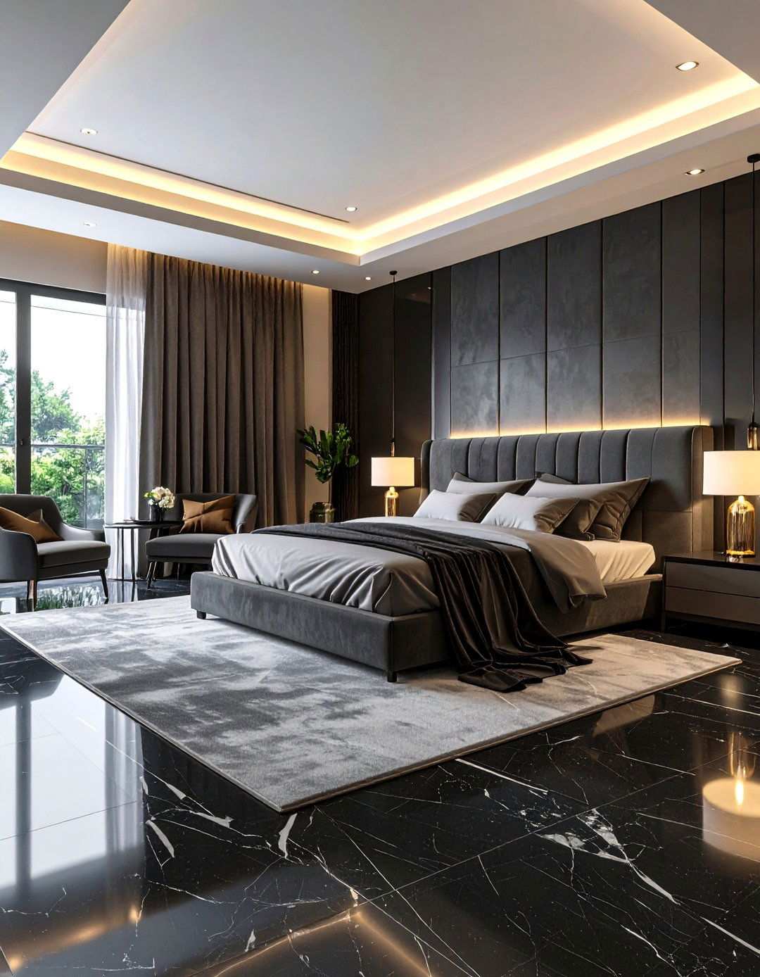 Plush Luxe on a Black Marble Floor - 20 Black Floor Bedroom Ideas