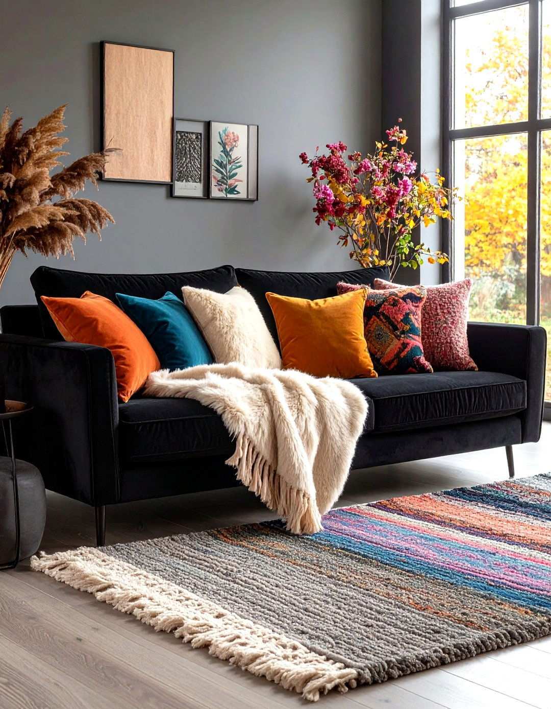 Plush Throws and Texture on a Black Couch - 20 Black Couch Living Room Ideas