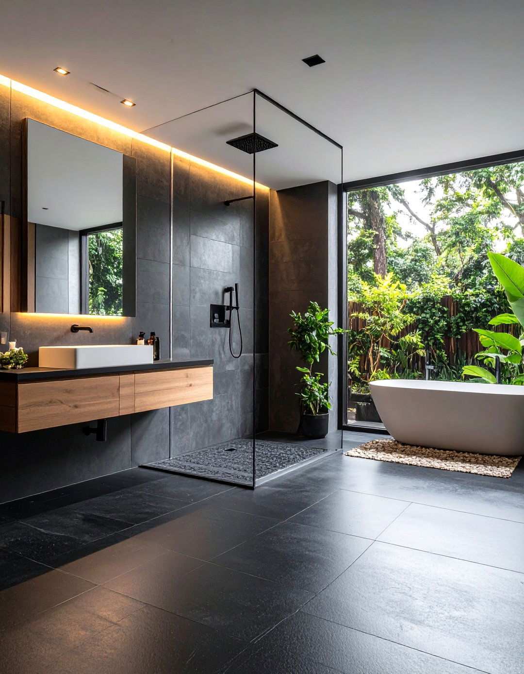 Polished Micro Concrete for Minimalist Calm - 20 Black Floor Bathroom Ideas