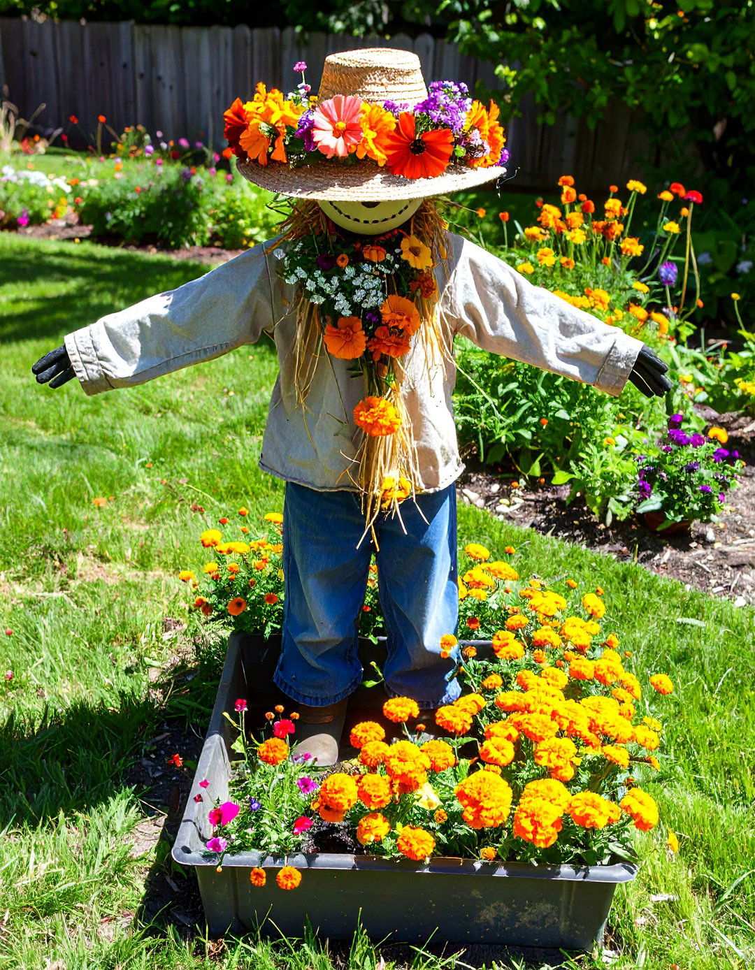 Pollinator Friendly Flower Crown Scarecrow - 20 Garden Scarecrow Ideas