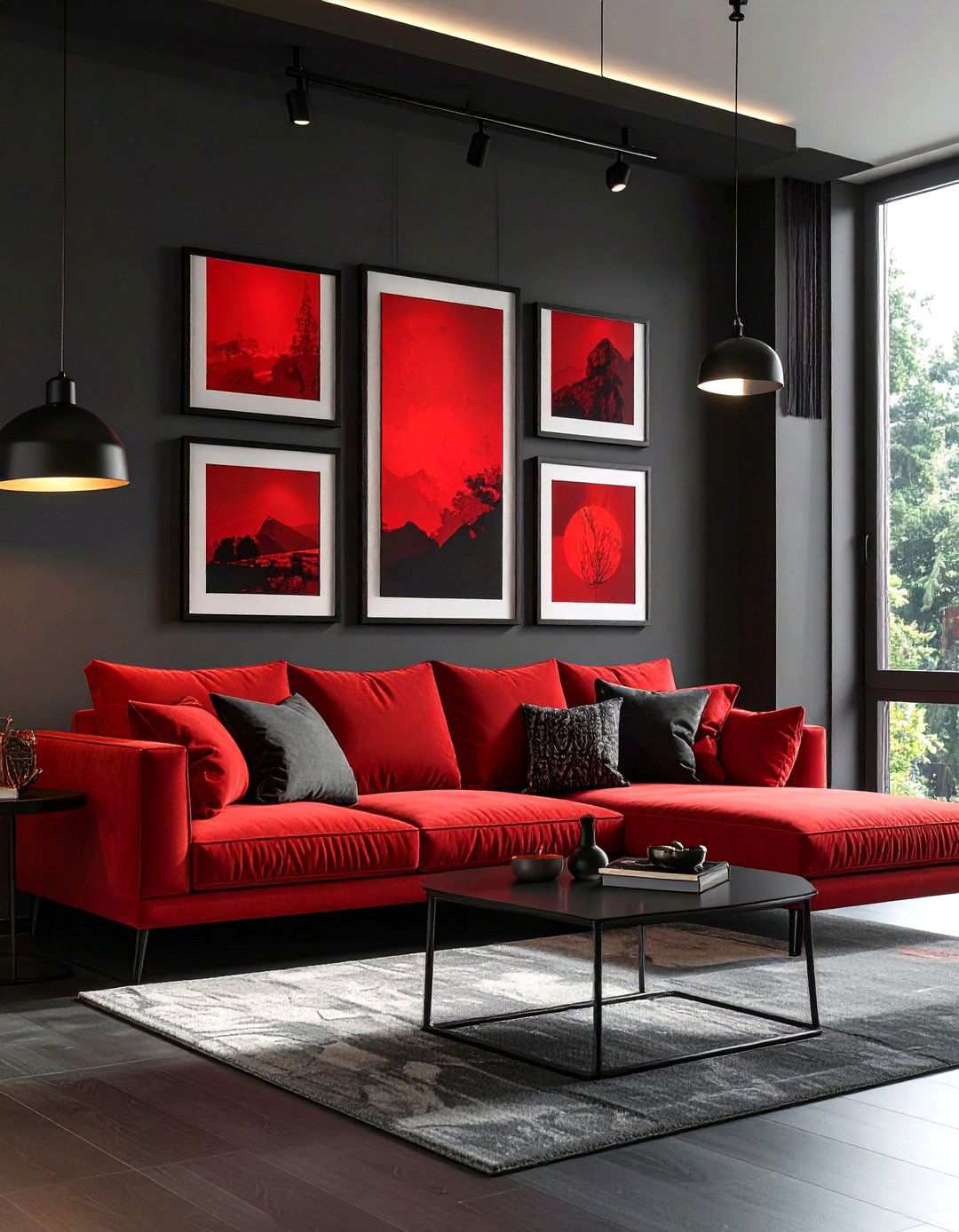 Pop Art Red Prints on Black Walls - 20 Black and Red Living Room Ideas