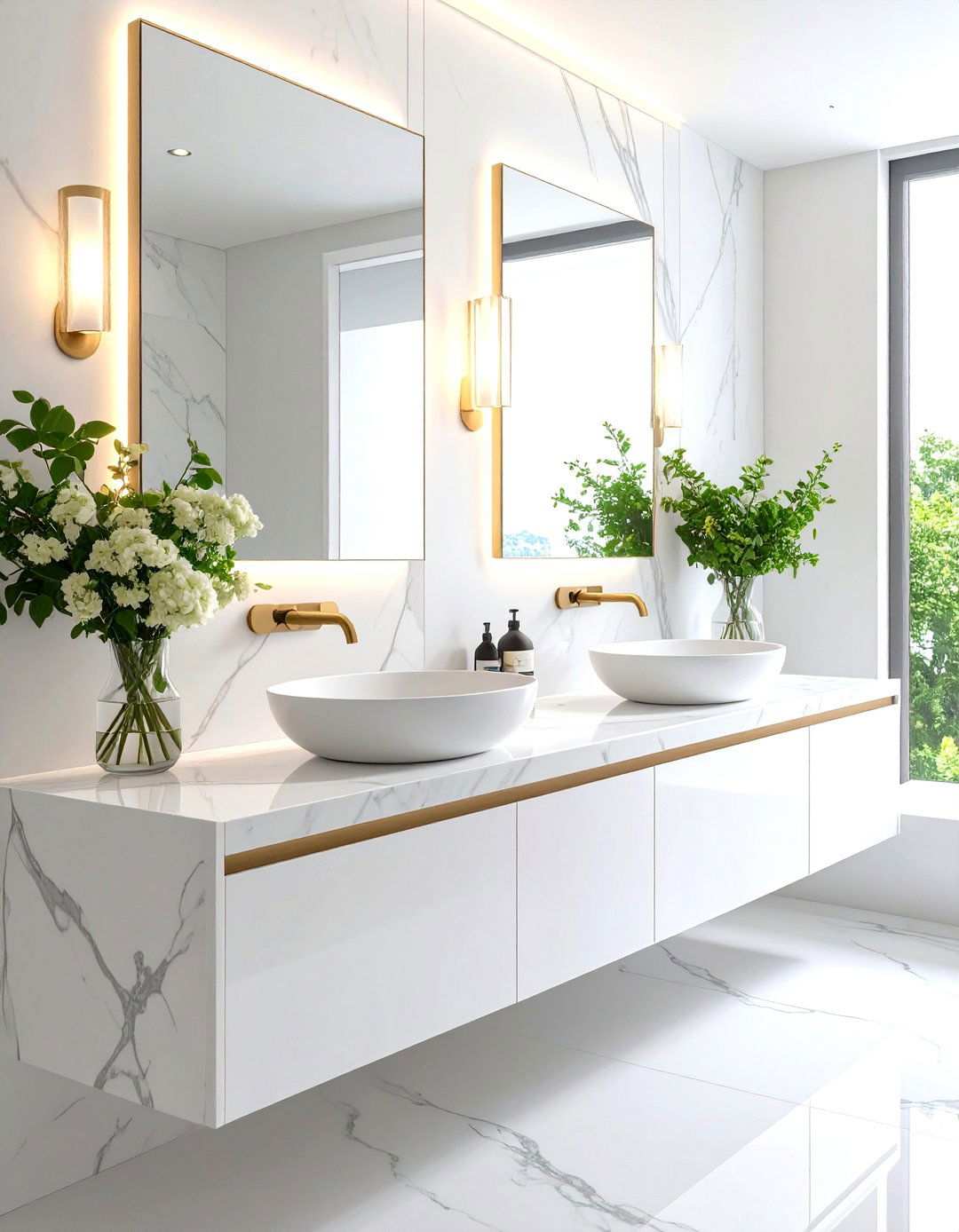 Porcelain Slab Bathroom Countertop Mimicking Calacatta Marble - 20 Bathroom Countertop Ideas