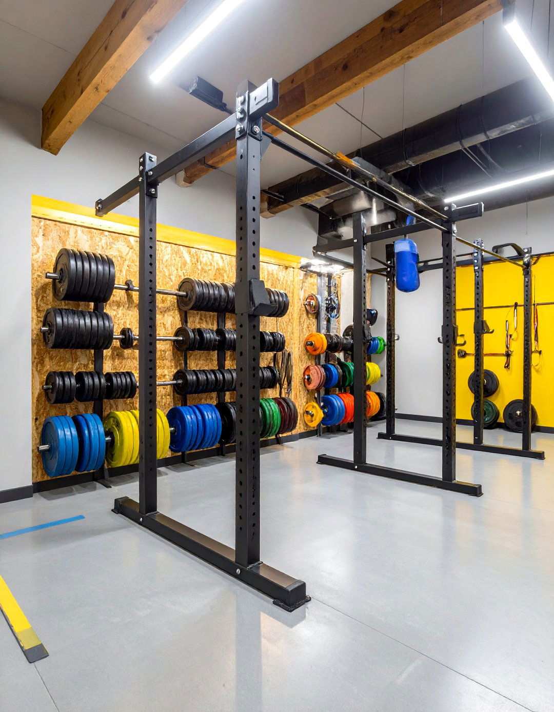 Power Rack and Anchored Pull Up Bar Form the Basement Gyms Strength Core - 20 Basement Gym Ideas
