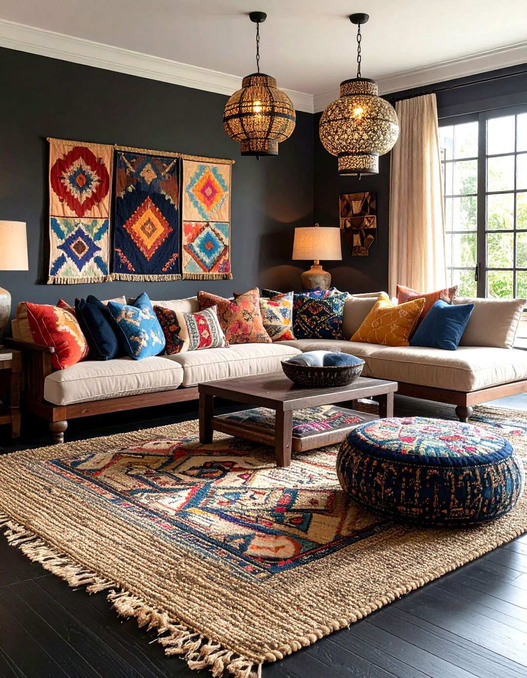 Quiet Maximalism on a Dark Base - 20 Black Floor Living Room Ideas