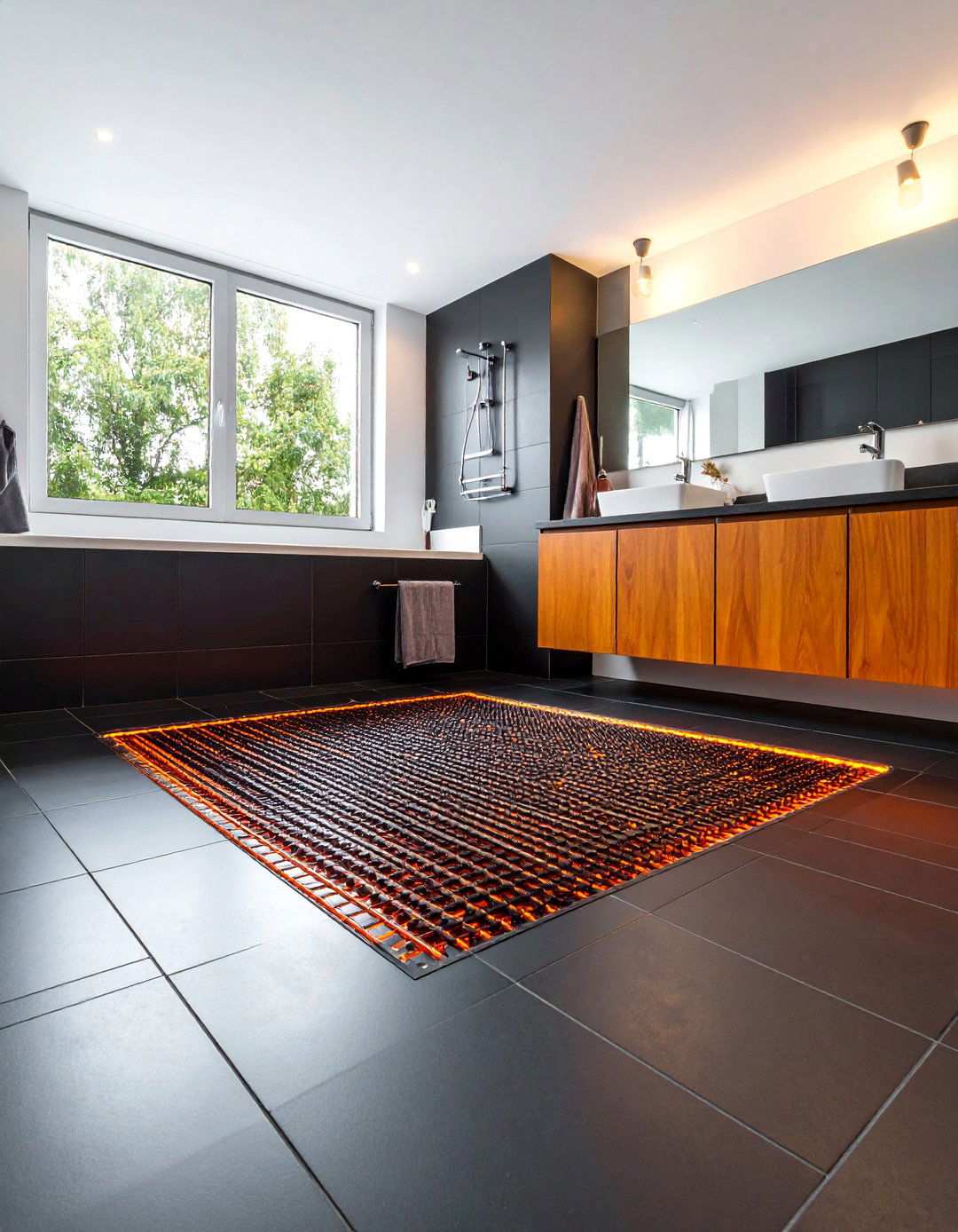 Radiant Heated Black Tile for Cozy Mornings - 20 Black Floor Bathroom Ideas