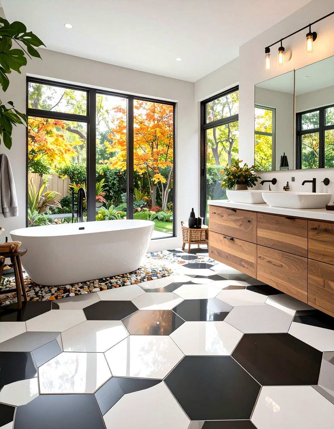 Randomized Hex Mix Floor - 20 Black and White Bathroom Tile Ideas