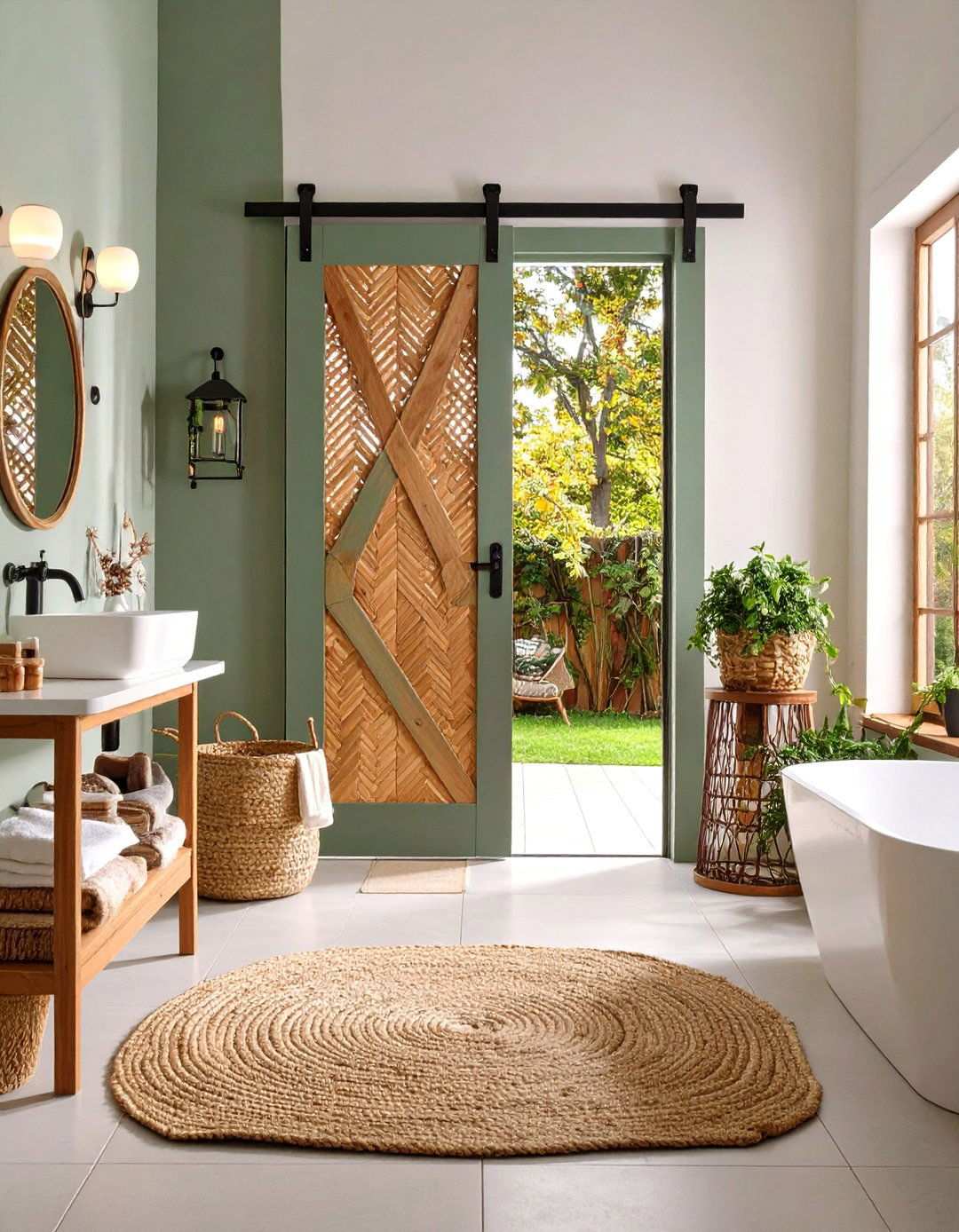 Rattan Inlay Barn Door for Boho Texture and Breathability - 20 Bathroom Barn Door Ideas
