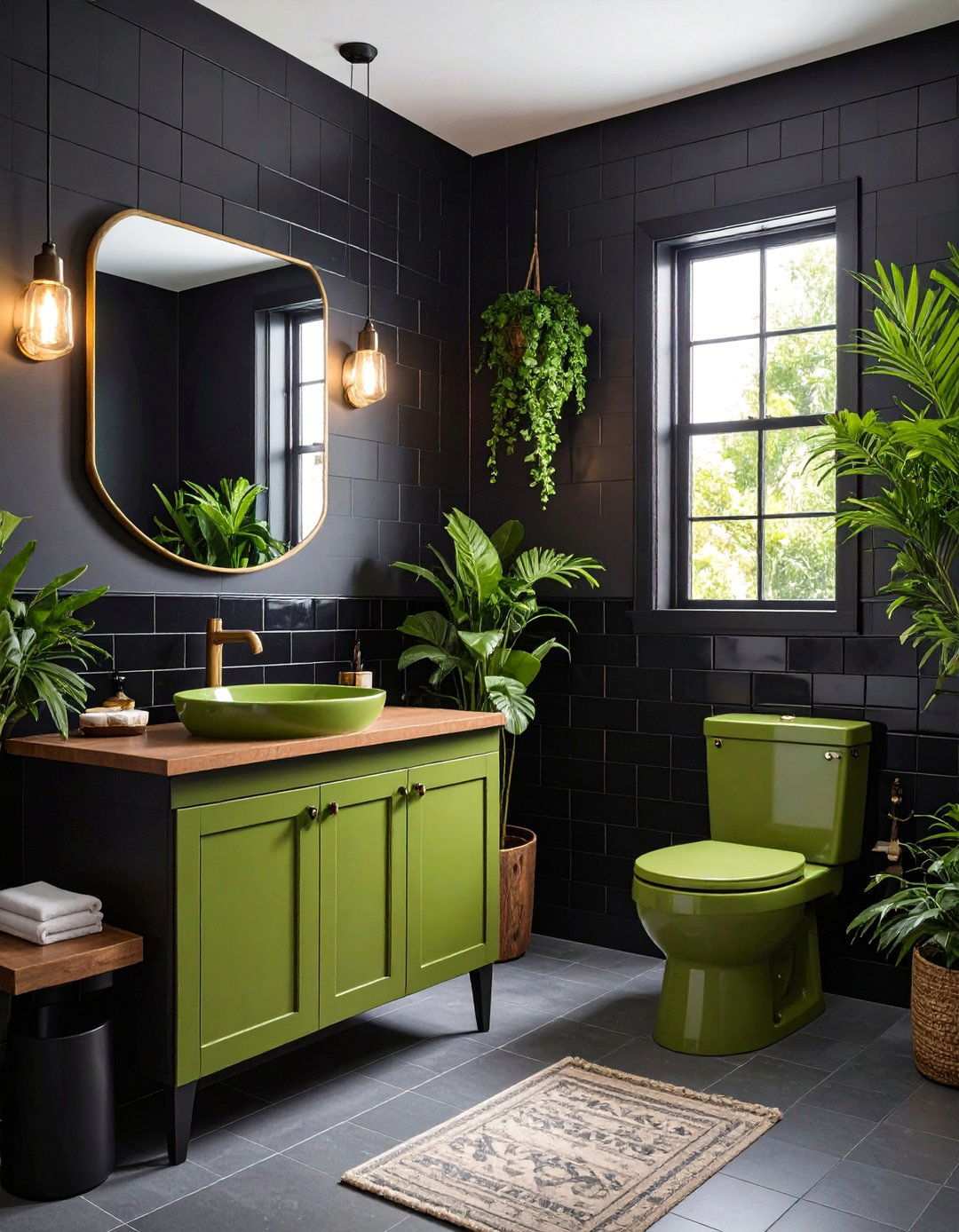Retro Avocado Fixtures with Glossy Black Subway Lines - 20 Black and Green Bathroom Ideas