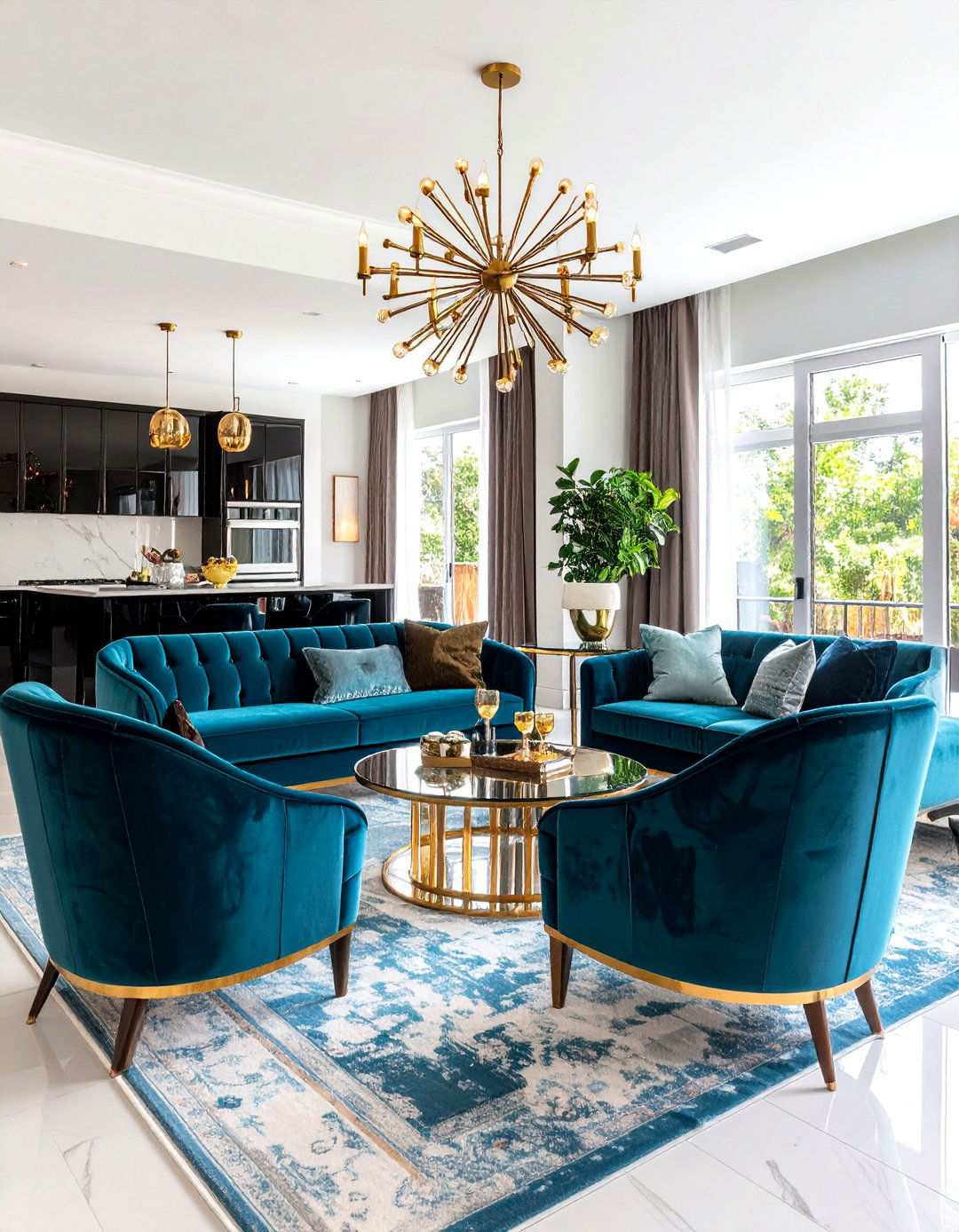 Retro Glam Black Lacquer and Royal Blue Velvet - 20 Black and Blue Living Room Ideas