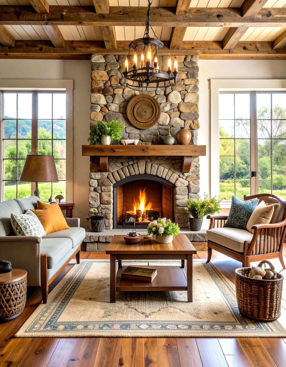River Rock Fireplace with Rustic Iron Accessories - 20 River Rock Fireplace Ideas