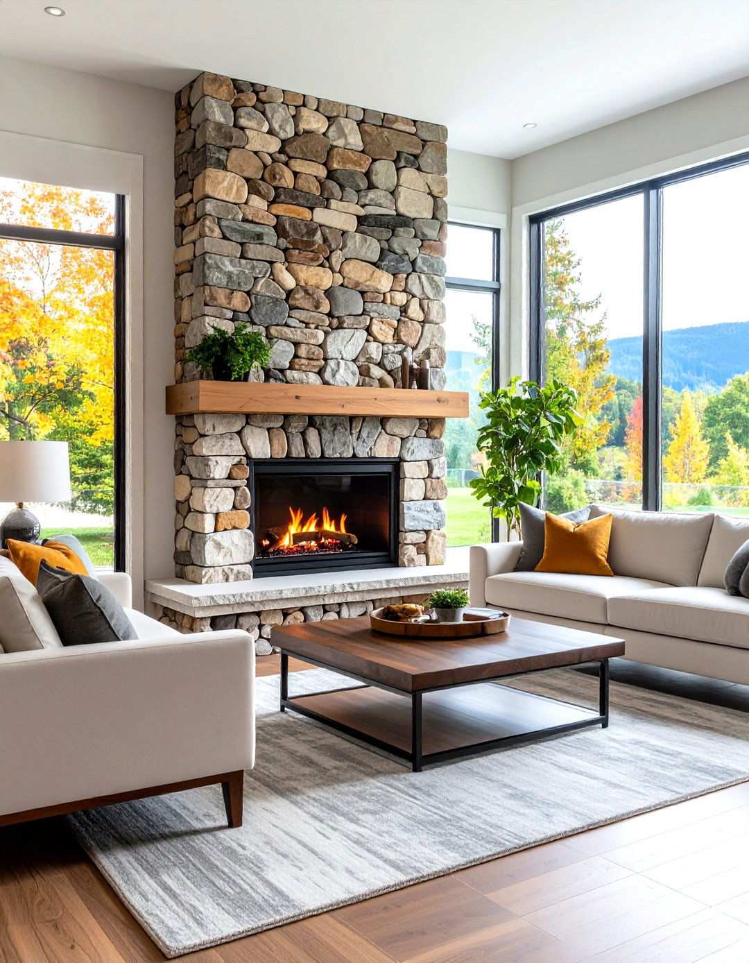 River Rock Fireplace with Stacked Stone Base Combination - 20 River Rock Fireplace Ideas