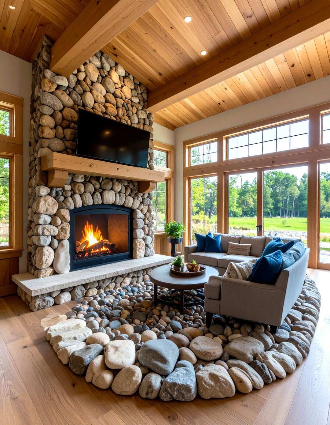 Riverstone Fireplace - 20 Stone Fireplace Ideas