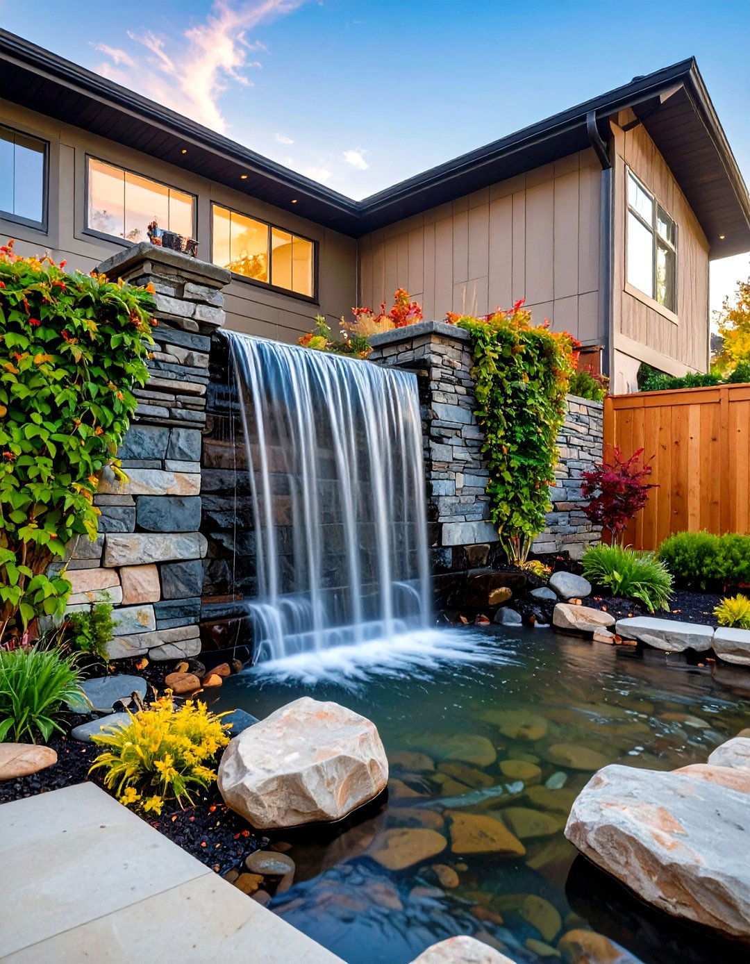 Rock Wall Waterfall Integration - 20 Backyard Waterfall Ideas