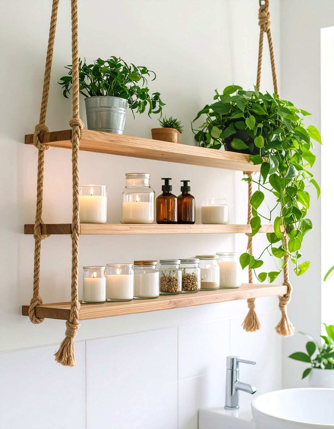 Rope Hung Shelf Bathroom Wall Storage - 20 Bathroom Wall Storage Ideas