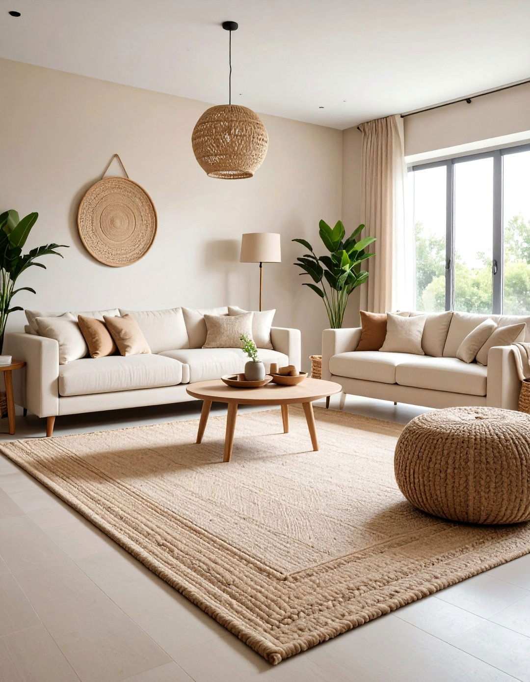 Rugs Define Zones in an Open Beige Living Room - 20 Beige Living Room Ideas