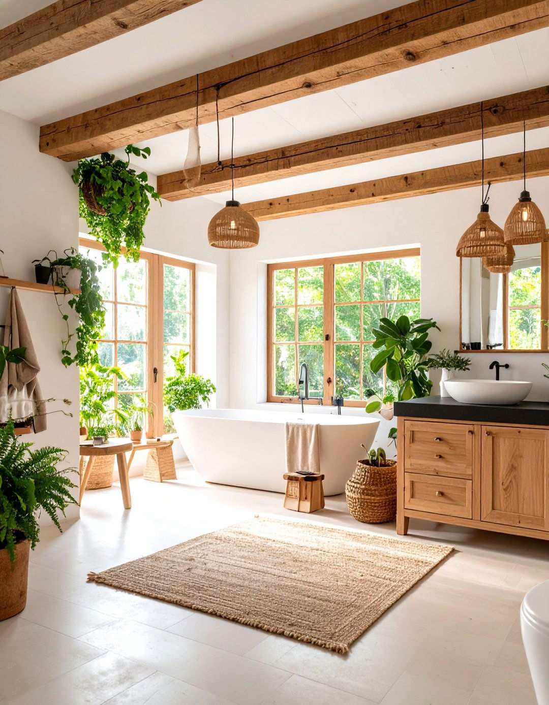 Rustic Bathroom with Black Countertops and Exposed Wood Beams - 20 bathroom with black countertops ideas