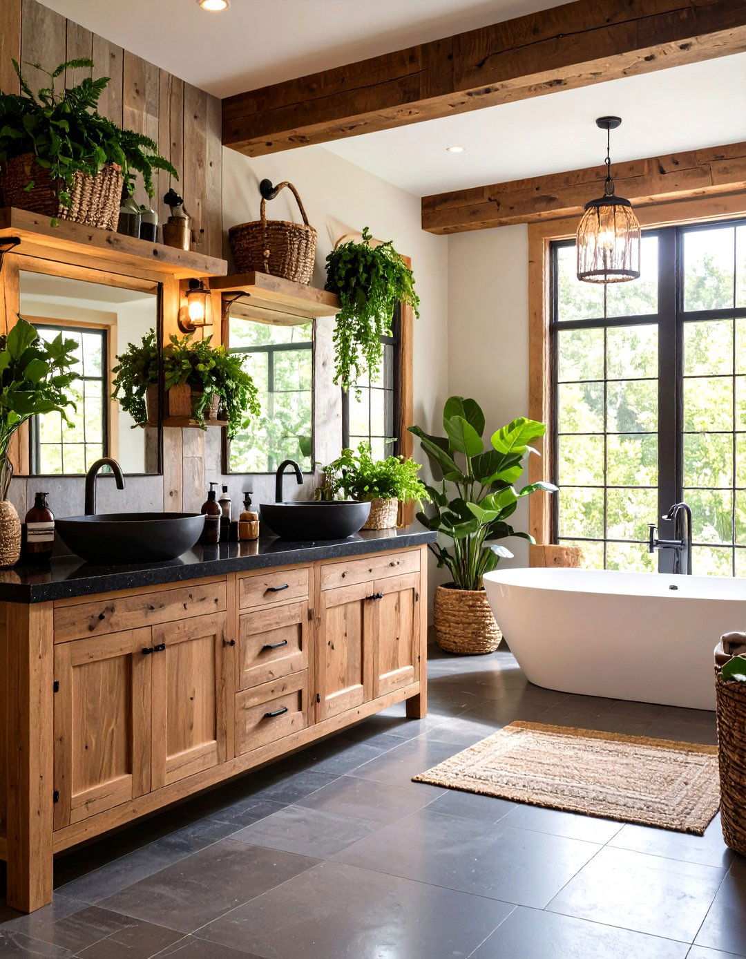 Rustic Bathroom with Black Countertops and Wood Accents - 20 bathroom with black countertops ideas