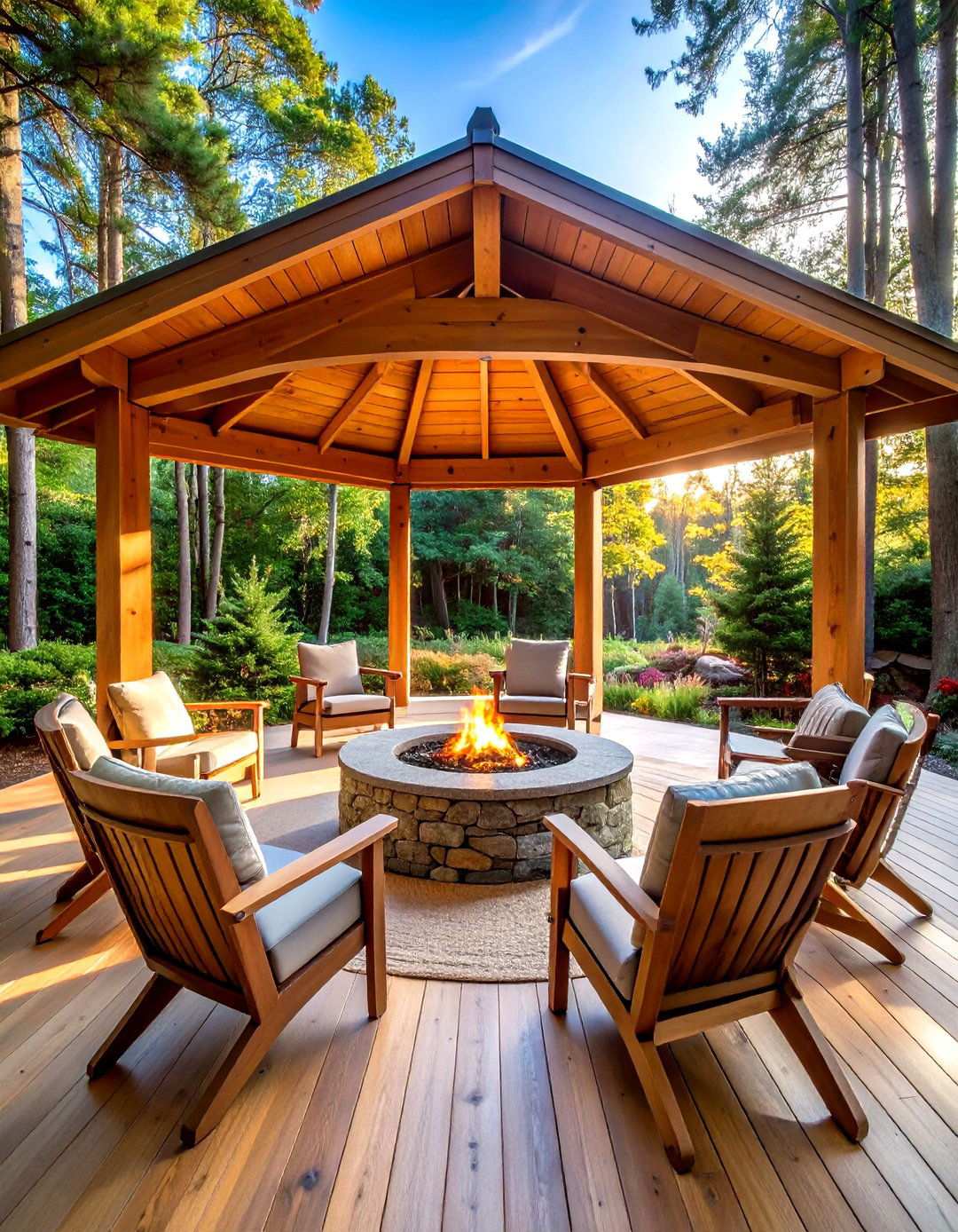 Rustic Cedar Pavilion with Central Fire Pit - 20 Backyard Pavilion With Fireplace