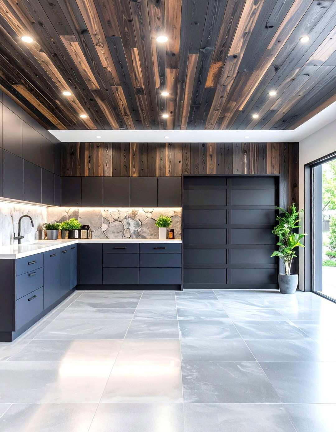 Rustic Charcoal Stained Wood Accent in a Black Garage - 20 Black Garage Ideas