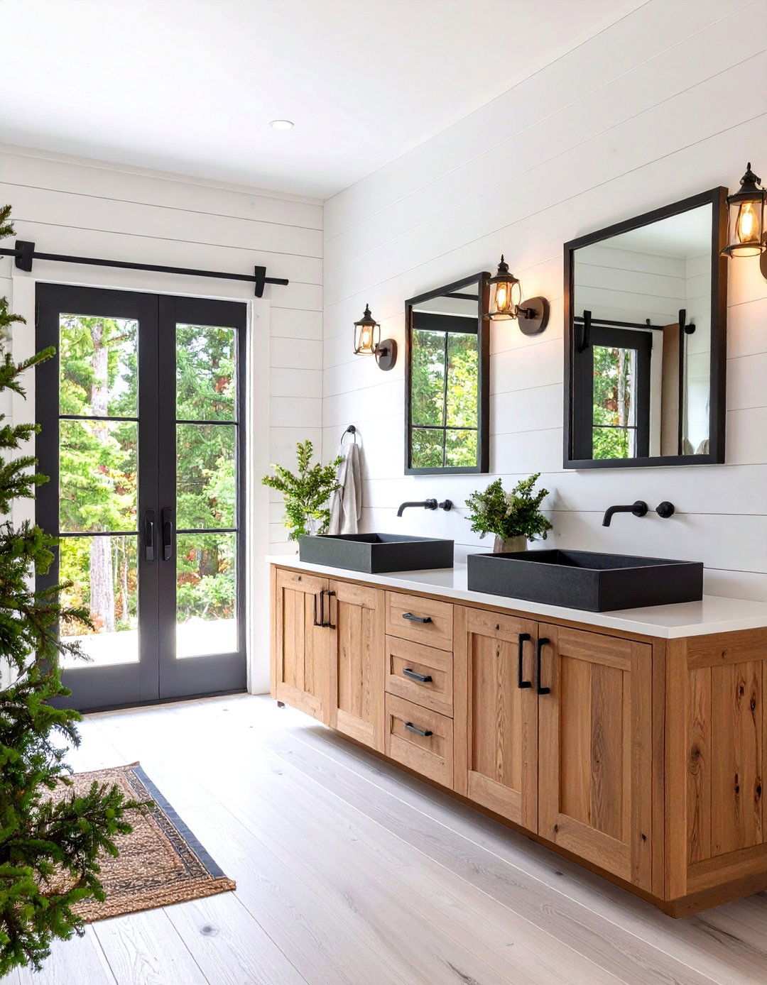 Rustic Farmhouse Blend Black Hardware on Distressed Pine - 20 Black and Wood Bathroom Ideas