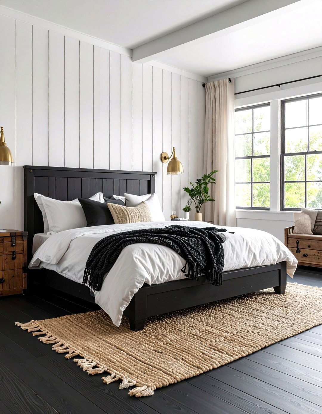 Rustic Farmhouse With Distressed Black Boards - 20 Black Floor Bedroom Ideas
