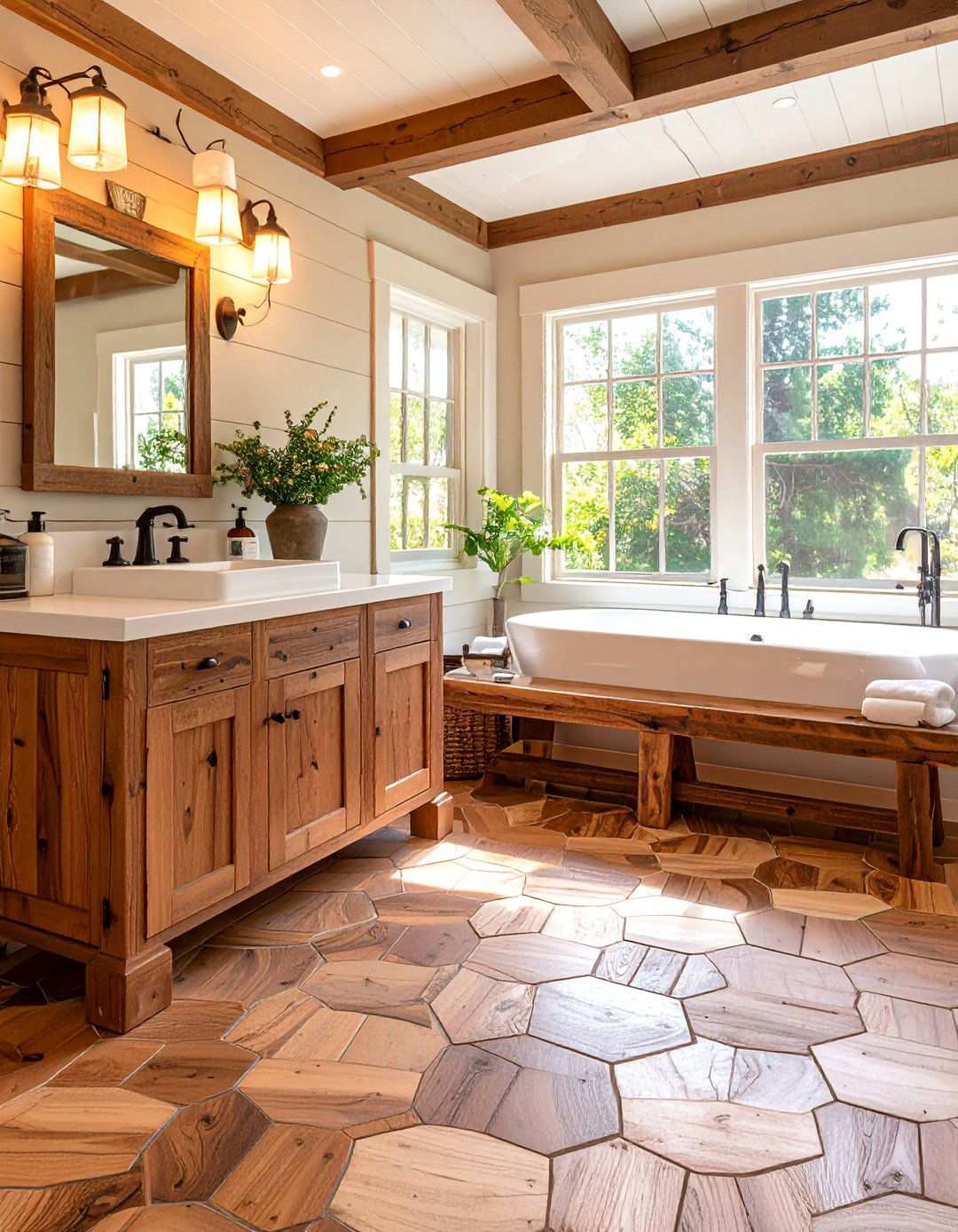 Rustic Wood Look Bathroom With Hexagon Tile Floor - 20 Bathrooms With Hexagon Tile Floors