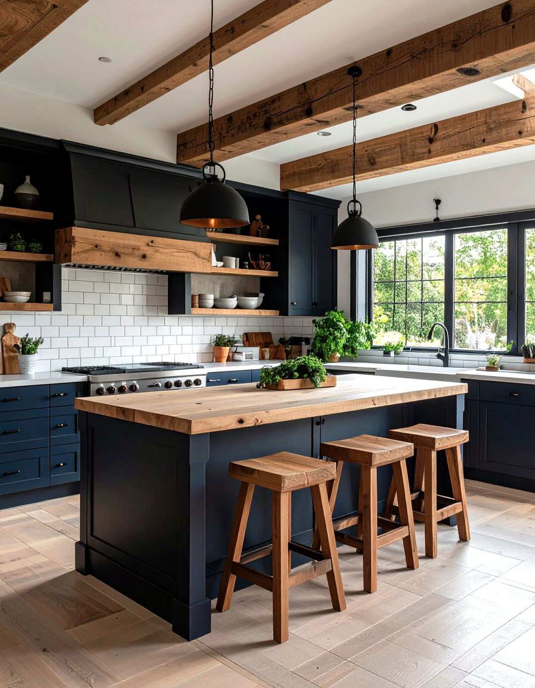 Rustic Wood Softens Monochrome Lines - 20 Black and White Kitchen Ideas