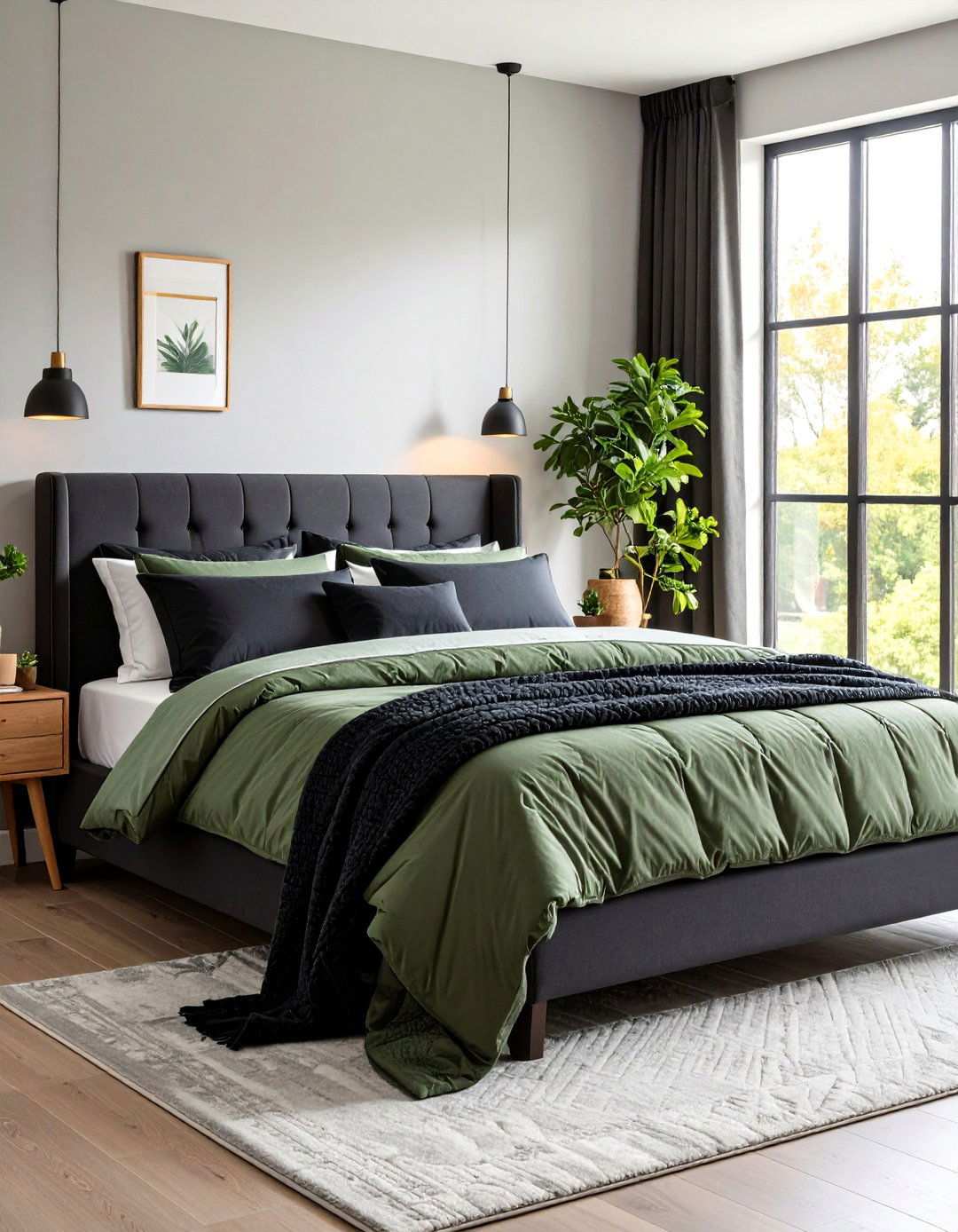 Sage and Charcoal Bedding Layers - 20 Black and Green Bedroom Design Ideas