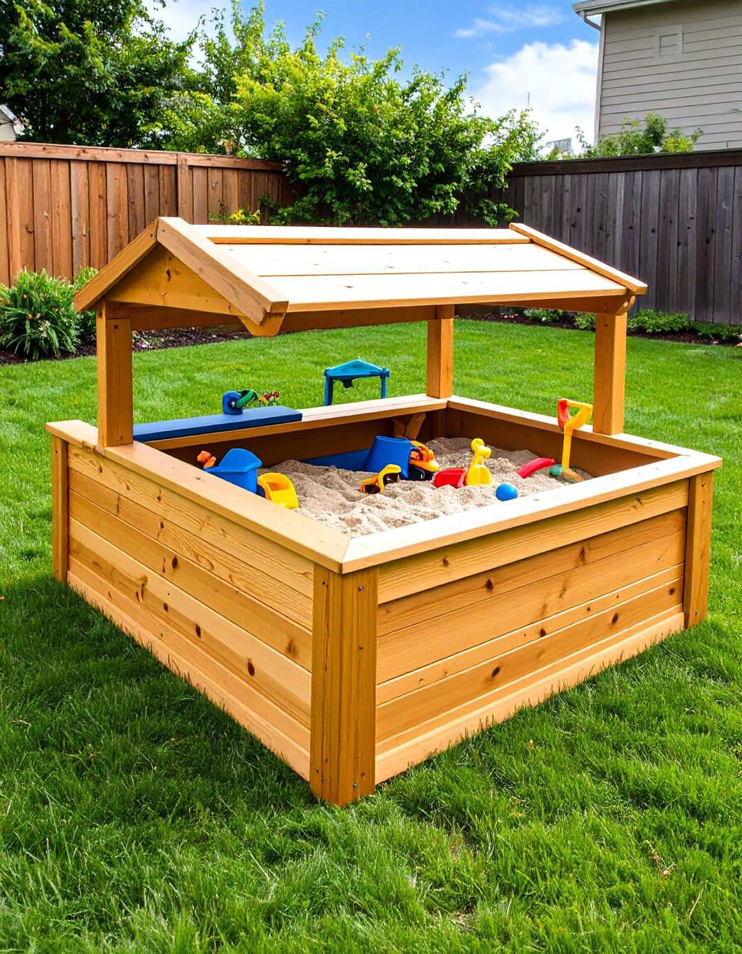 Sandbox with Built In Seating and Cover - 20 Backyard Playground Ideas