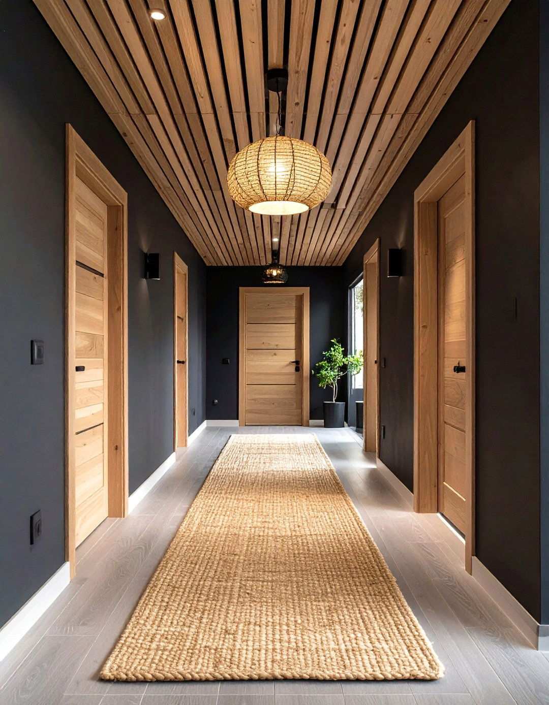 Scandinavian Black Hallway with Natural Wood - 20 Black Hallway Ideas