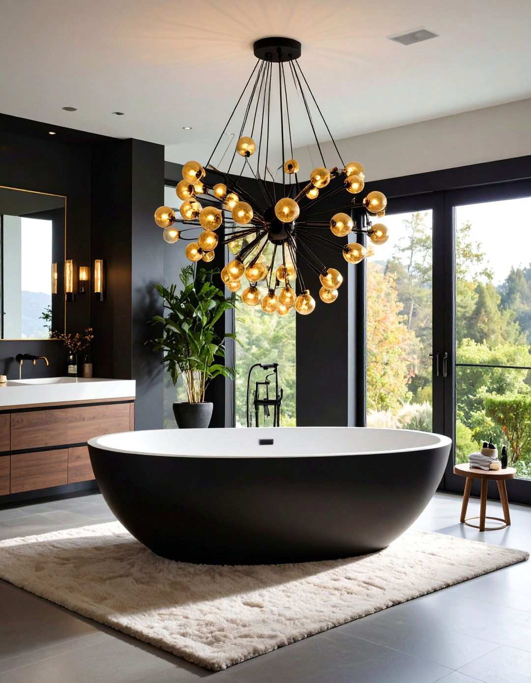 Sculptural Black and Gold Chandelier - 20 Black and Gold Bathroom Ideas