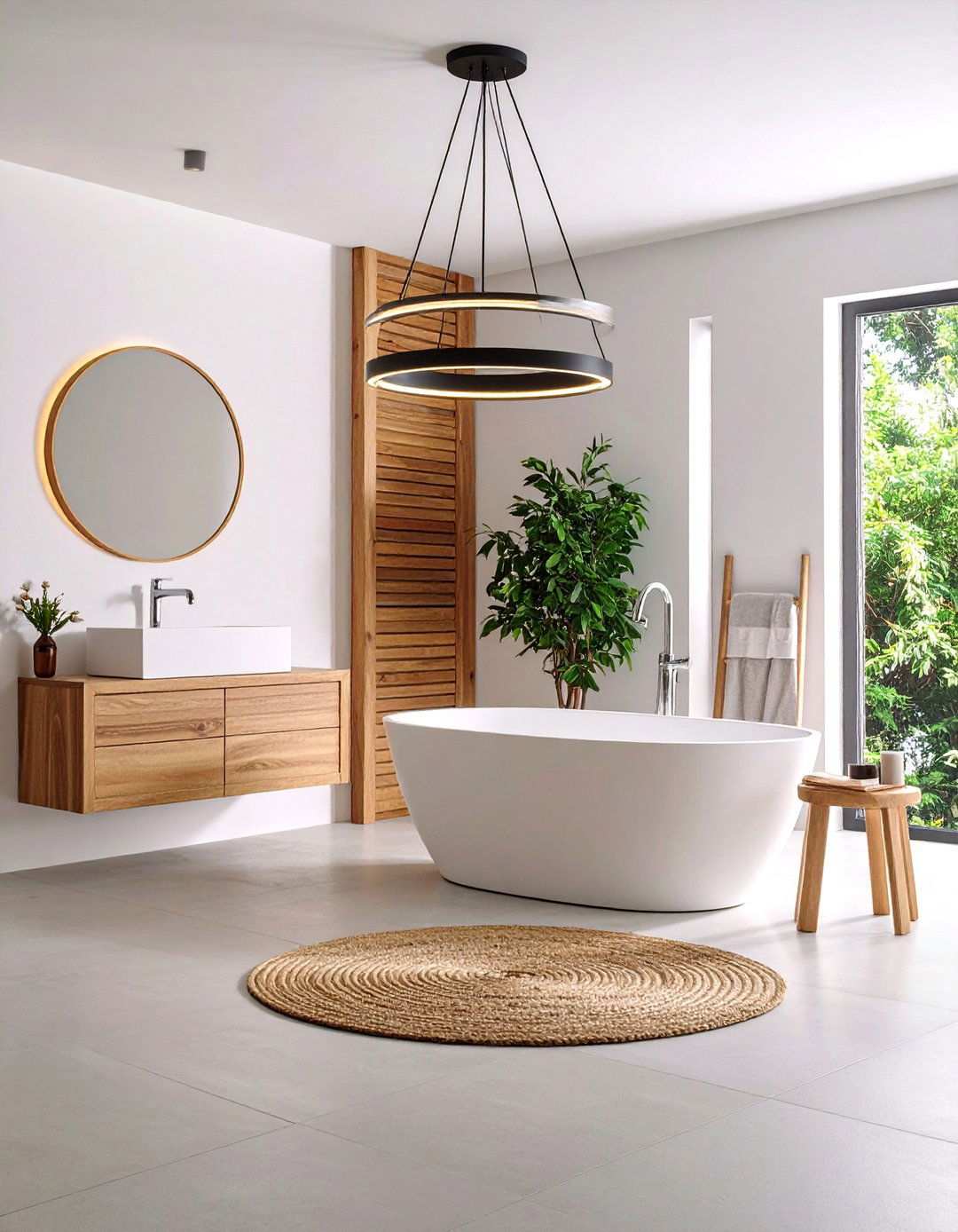 Sculptural LED Ring Bathroom Pendant Lighting for Futuristic Flair - 20 Bathroom Pendant Lighting Ideas