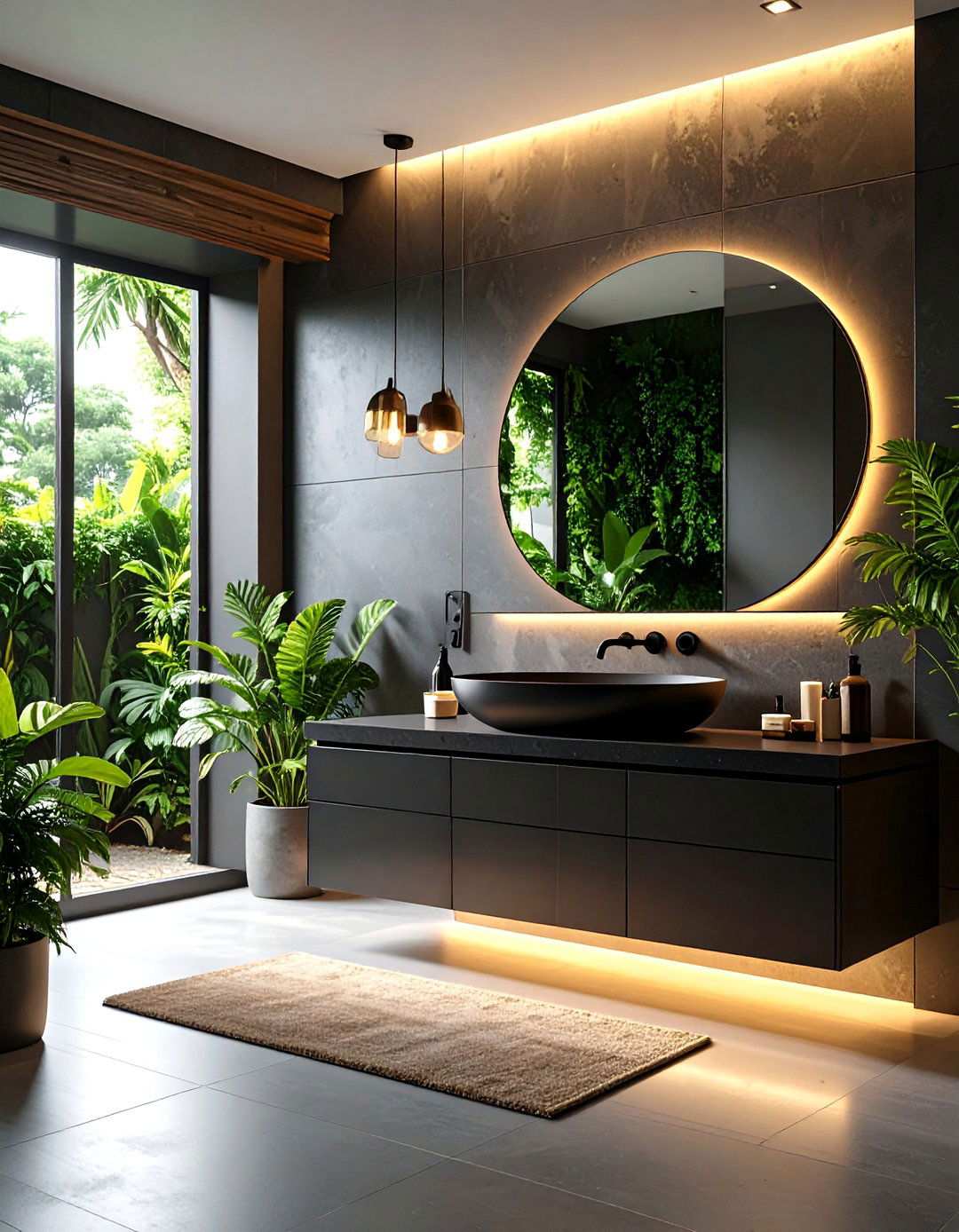 Seamless Bathroom with Black Countertops and Integrated Sinks - 20 bathroom with black countertops ideas