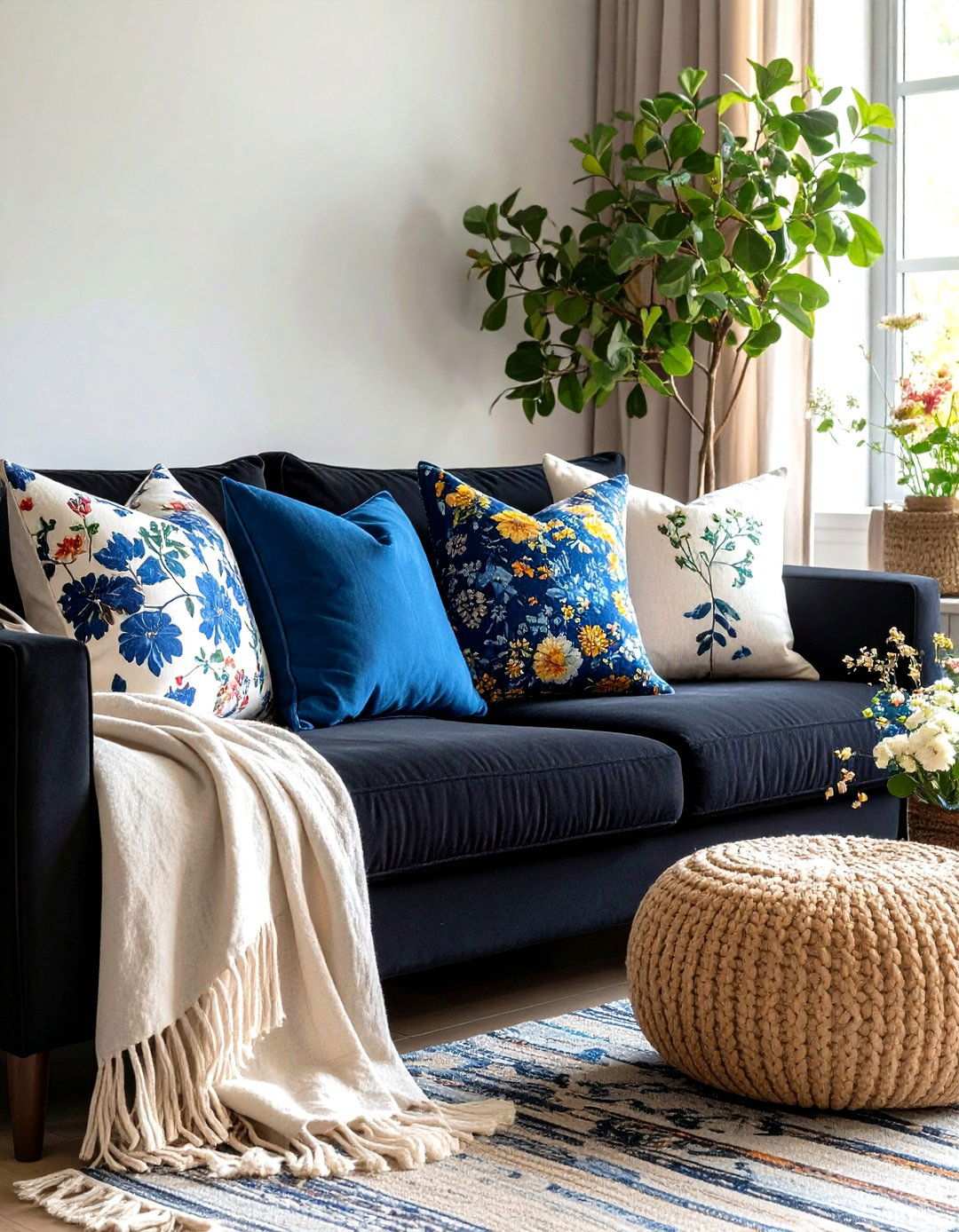 Seasonal Pillow Swaps on a Black Couch - 20 Black Couch Living Room Ideas