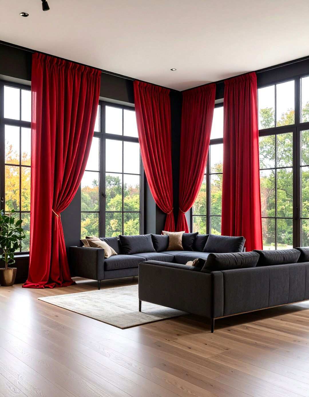 Sheer Red Curtains Softening Black Frames - 20 Black and Red Living Room Ideas