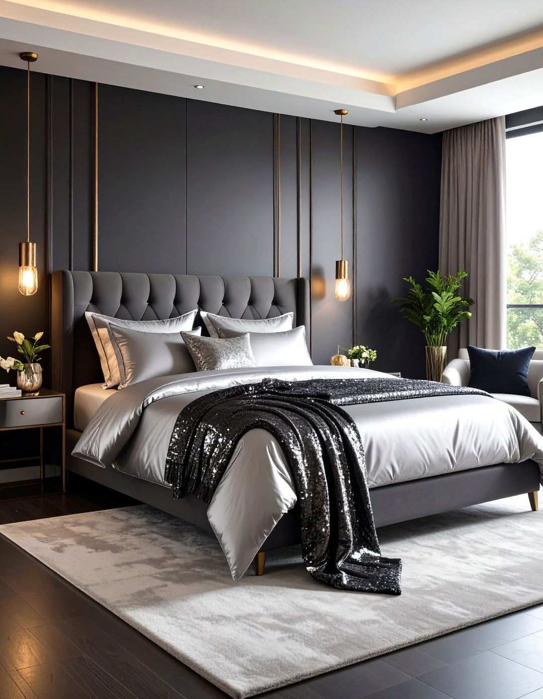 Shimmering Silver Bedding on a Jet Black Accent Wall - 20 Black and Silver Bedroom Ideas