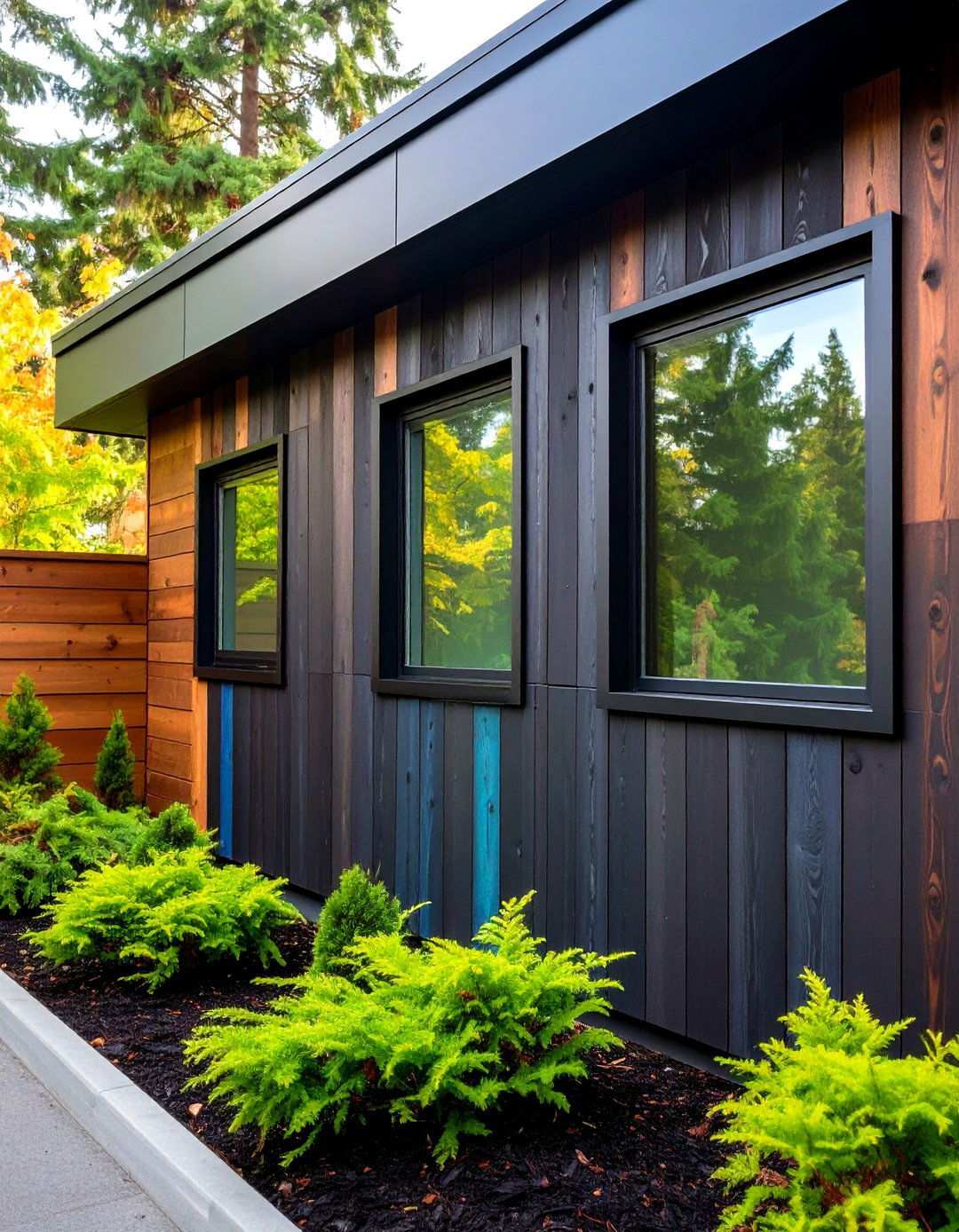 Shou Sugi Ban Accent Panels on Black Walls - 20 Black House With Wood Accents