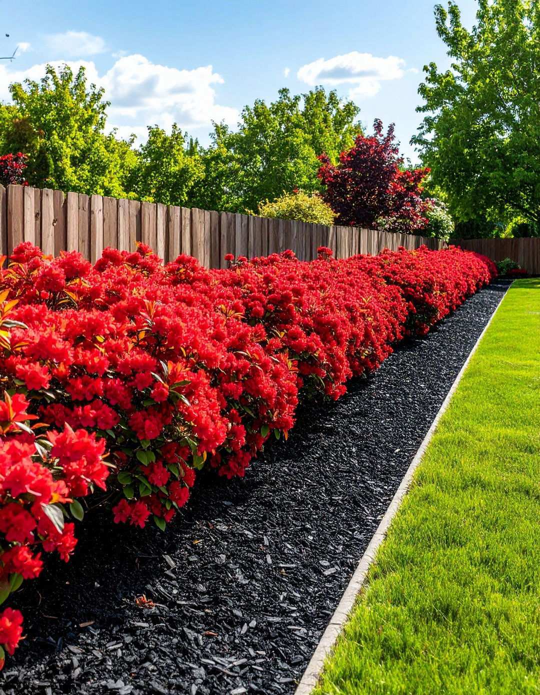 Shrub Lined Living Fence with Weed Suppressing Black Mulch - 20 Black Mulch Landscaping Ideas