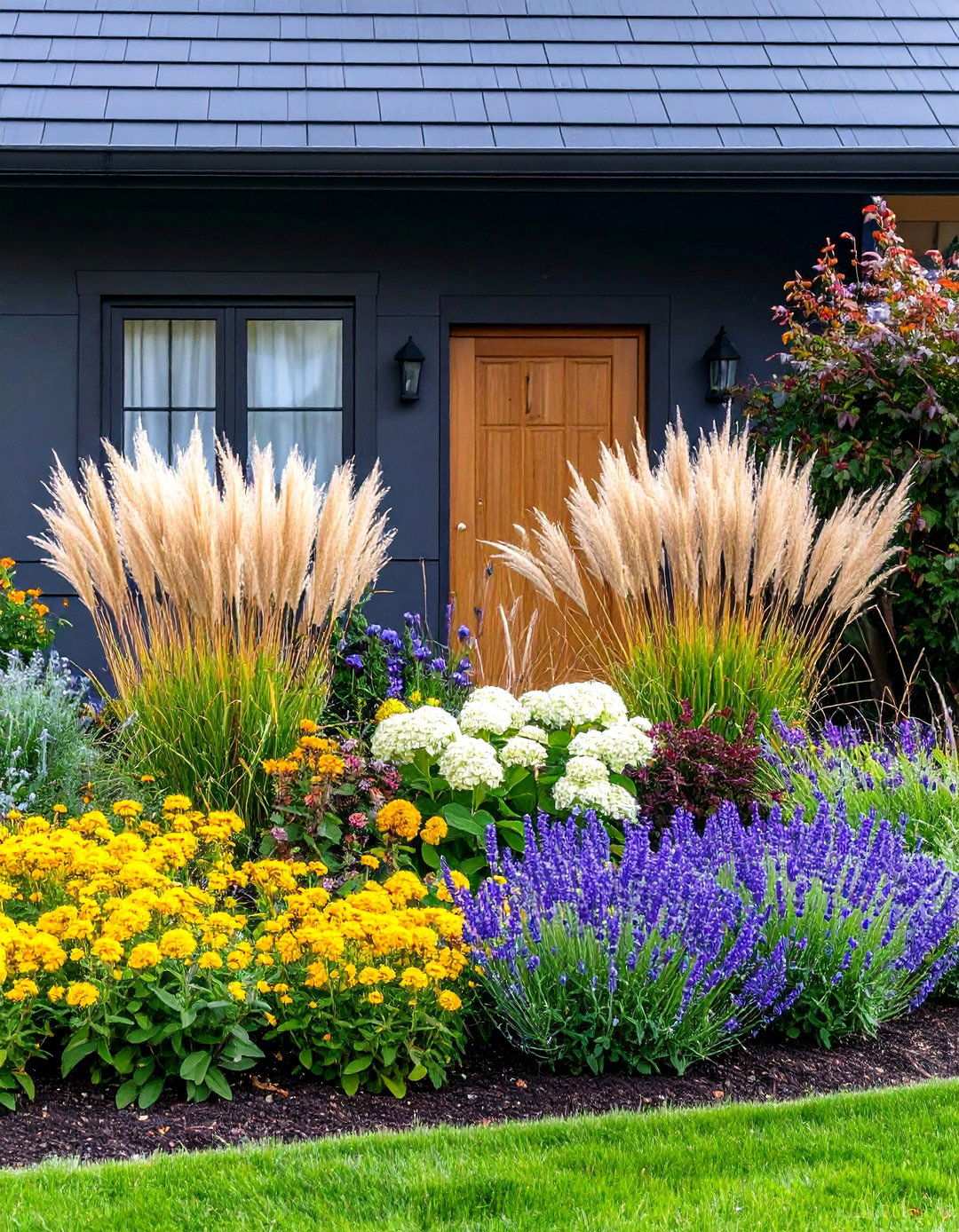 Silvery Grasses and White Hydrangeas for Contrast - 20 Black Modern Farmhouse Exterior Design Ideas