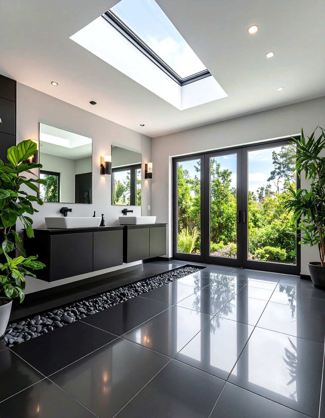 Skylight and Black Floor Combo for Unexpected Brightness - 20 Black Floor Bathroom Ideas