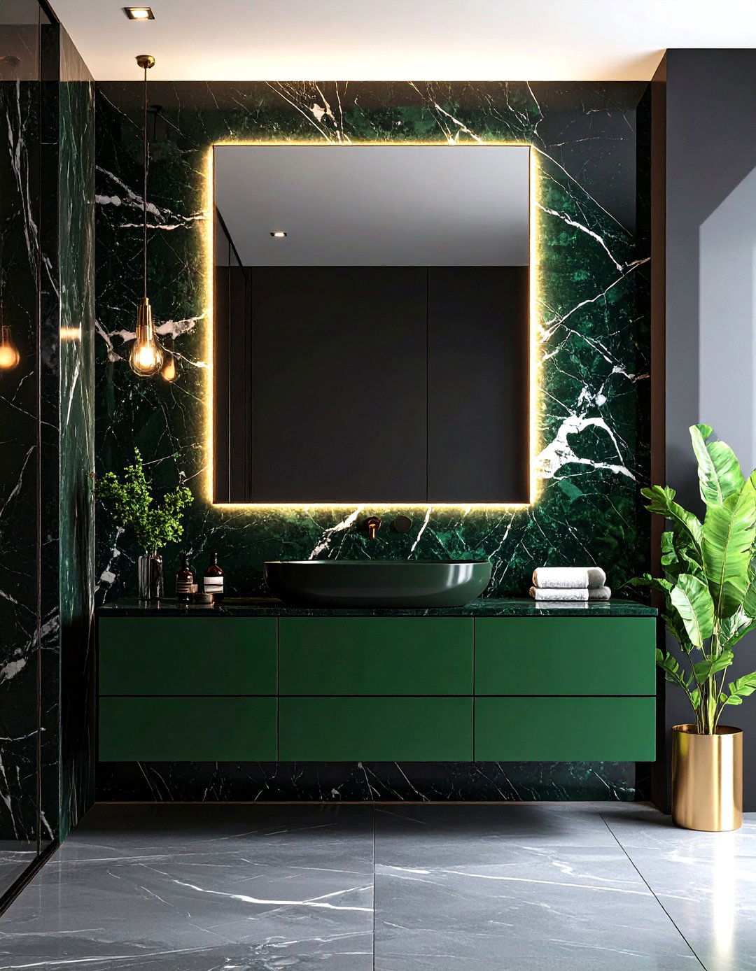 Slab Black Marble and Emerald Vessel Sink Luxury - 20 Black and Green Bathroom Ideas
