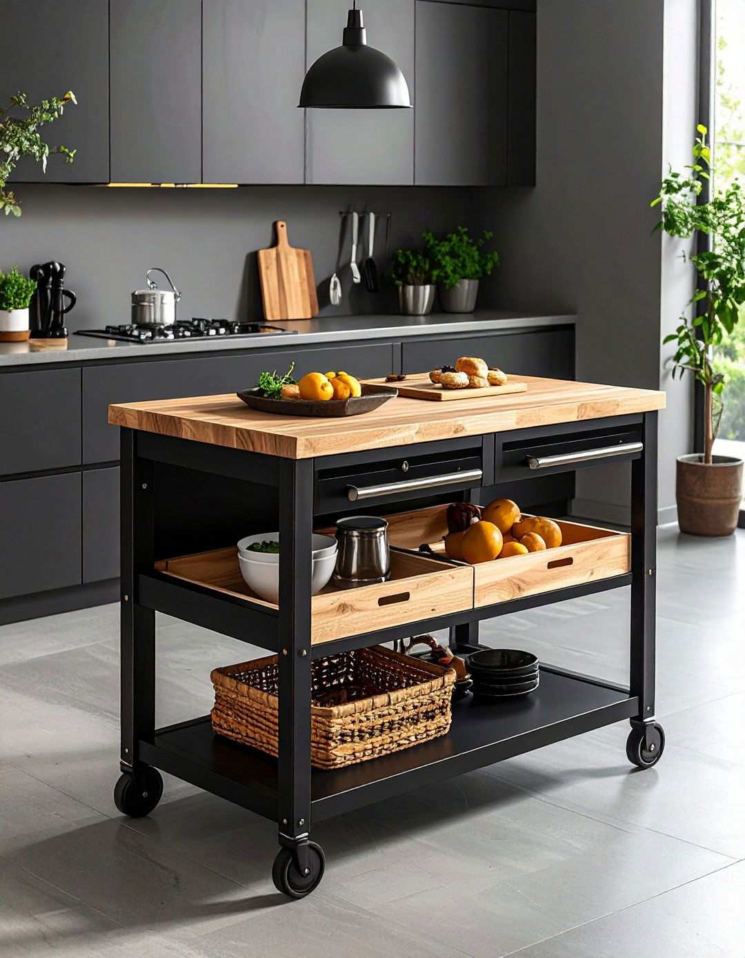 Slim Rolling Black Island for Compact Kitchens - 20 Black Kitchen Islands