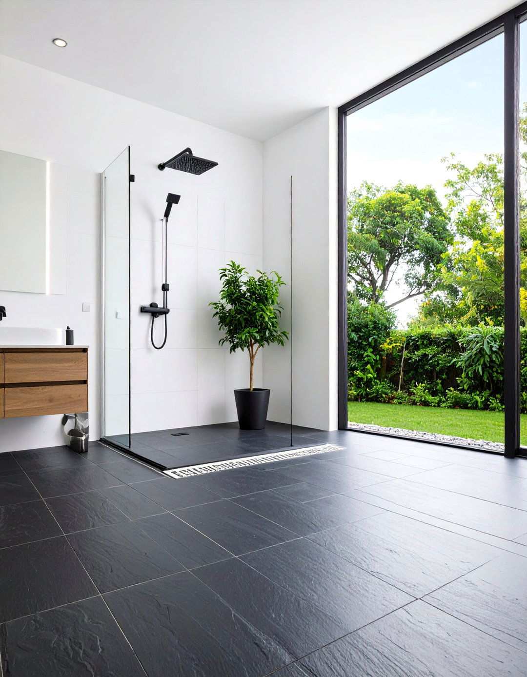 Slip Resistant Textured Black Floor Bathroom for Family Safety - 20 Black Floor Bathroom With White Walls Ideas