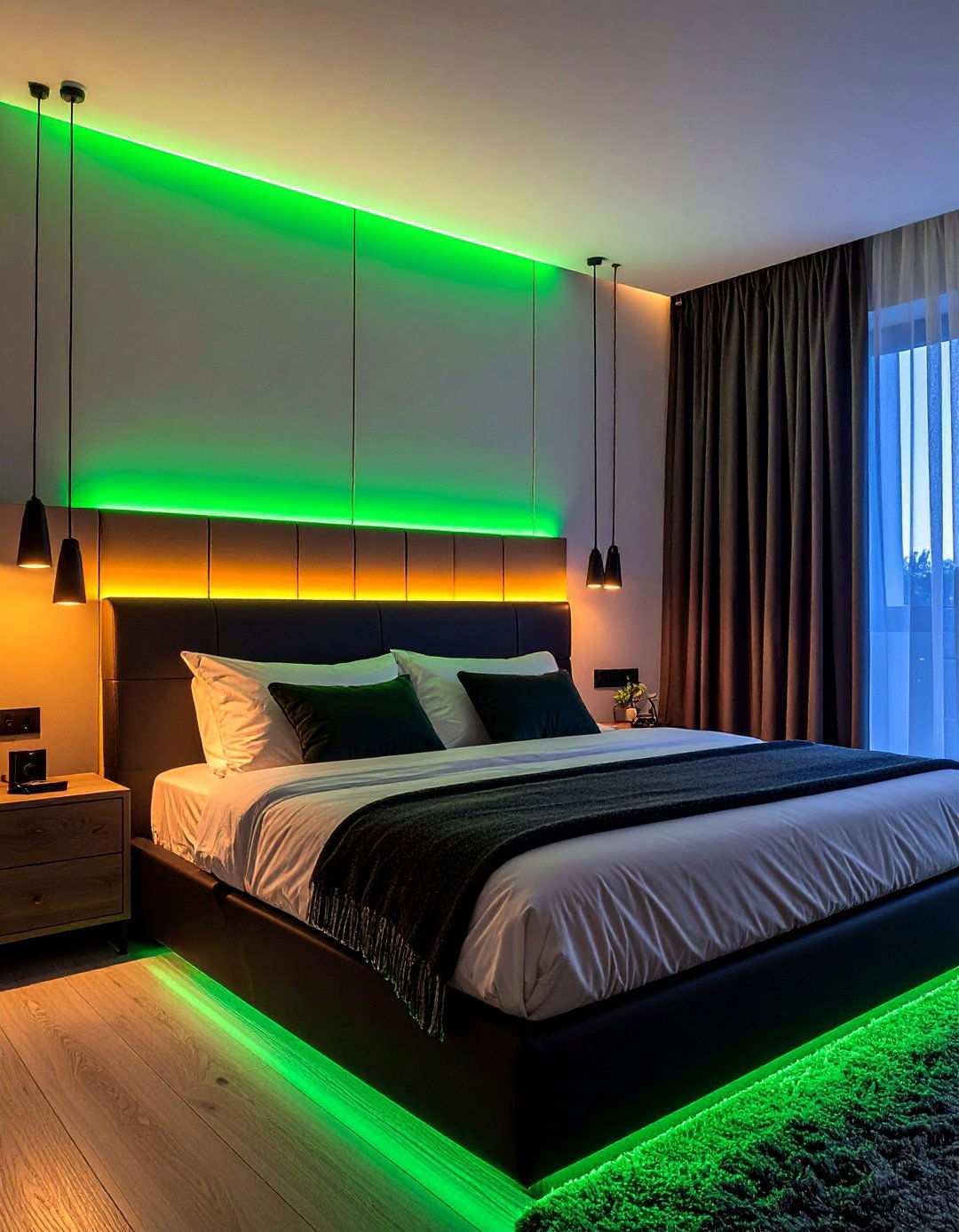 Smart Ambient LED Greens - 20 Black and Green Bedroom Design Ideas