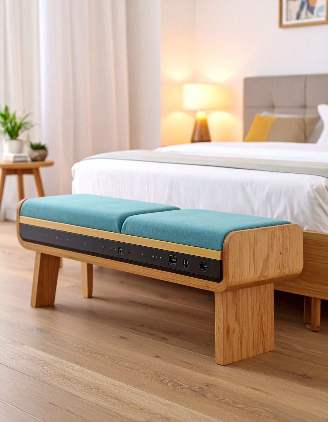 Smart Bedroom Bench with Hidden Charging Ports - 20 Bedroom Bench Ideas