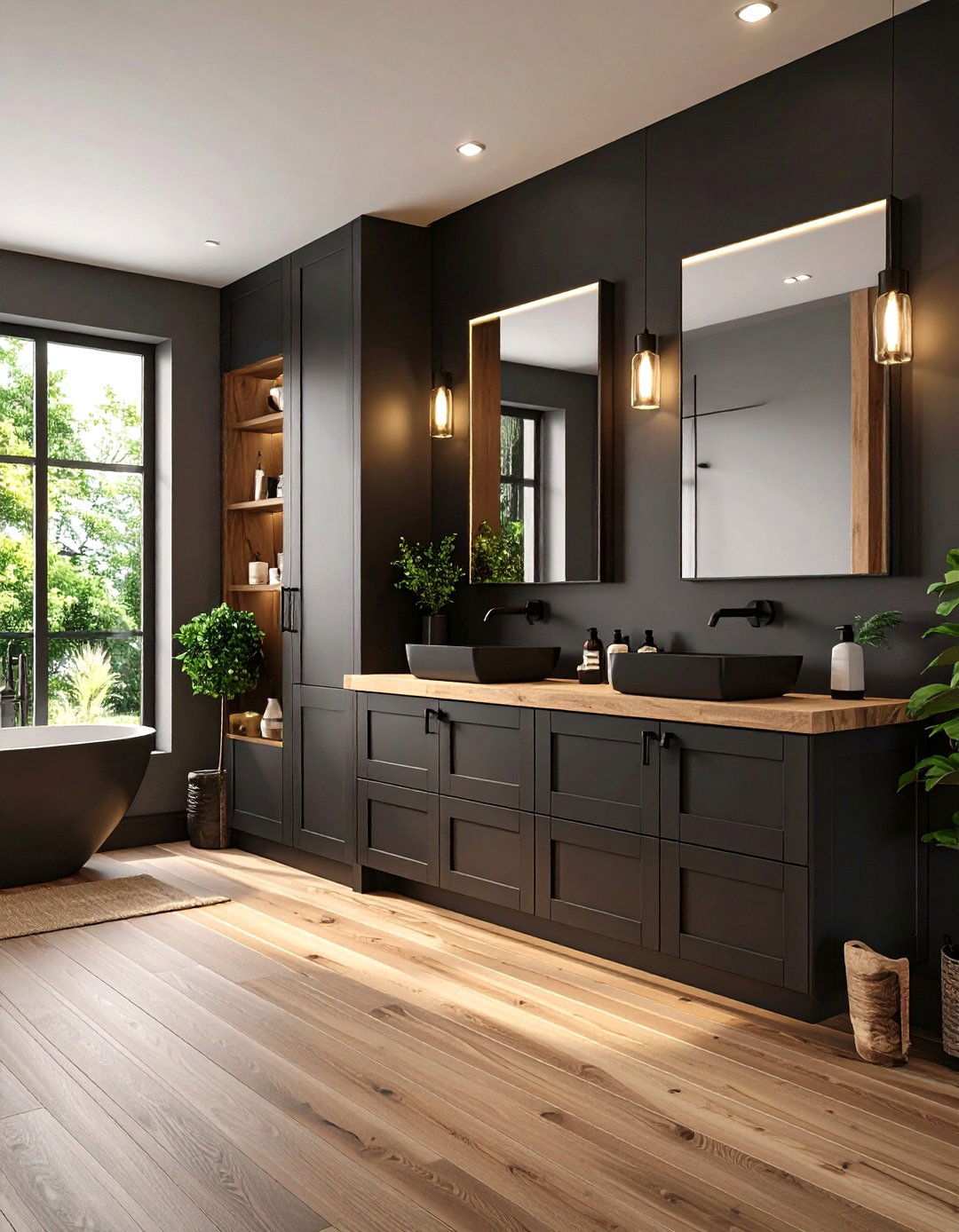 Smart Storage Black Built Ins with Wooden Niches - 20 Black and Wood Bathroom Ideas
